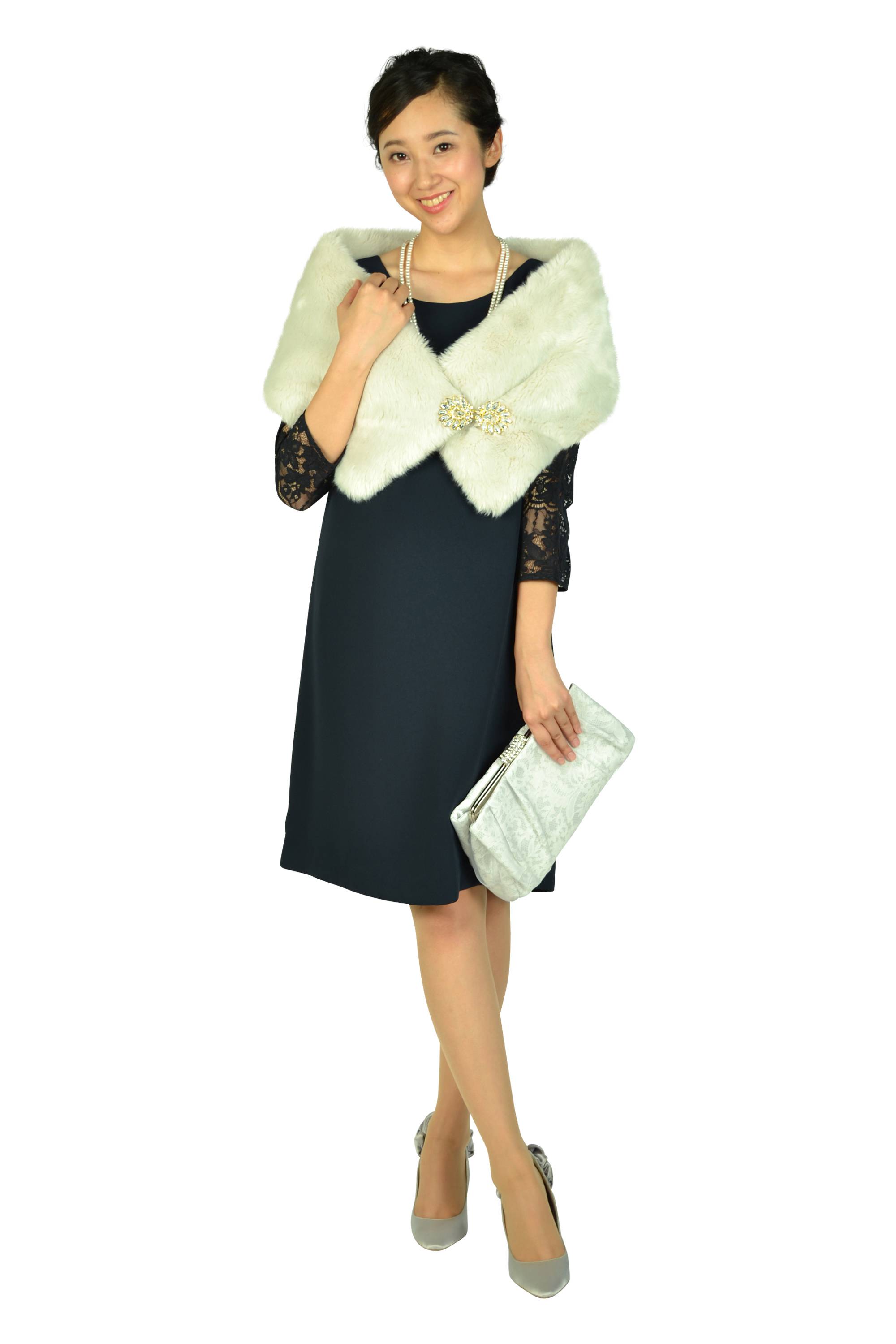 袖シースルーレースネイビードレス