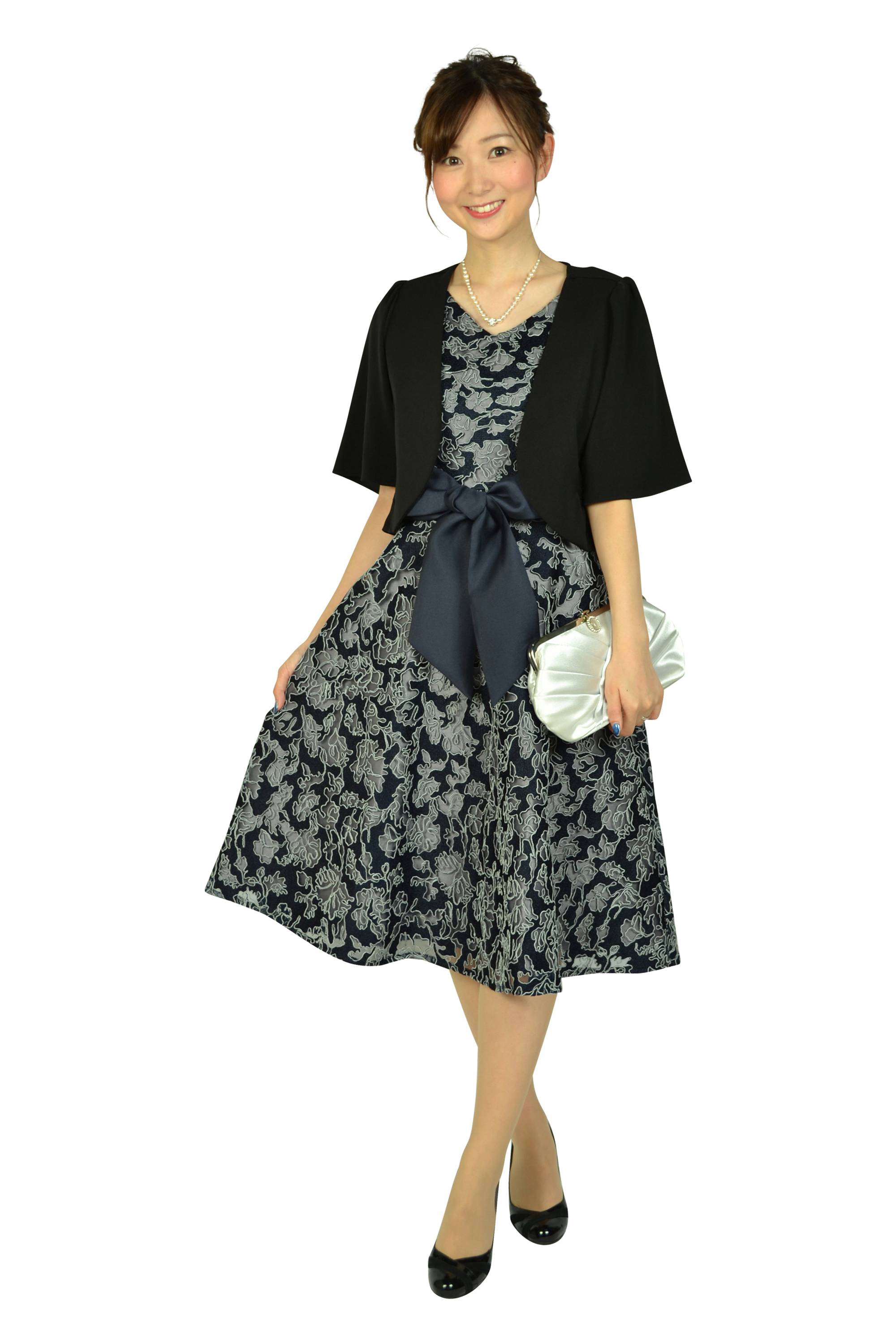 チュール刺繍レースネイビードレス