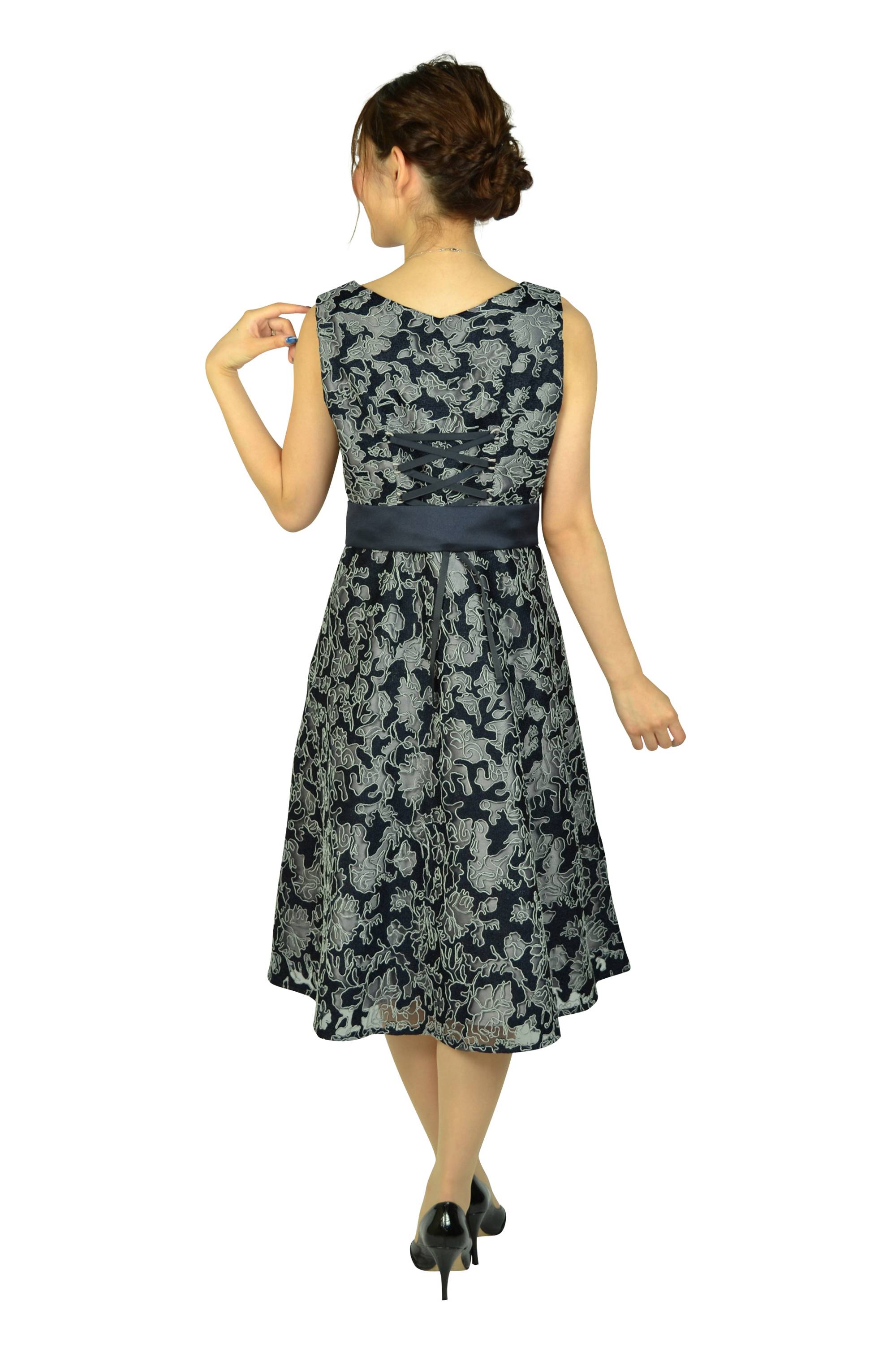 チュール刺繍レースネイビードレス