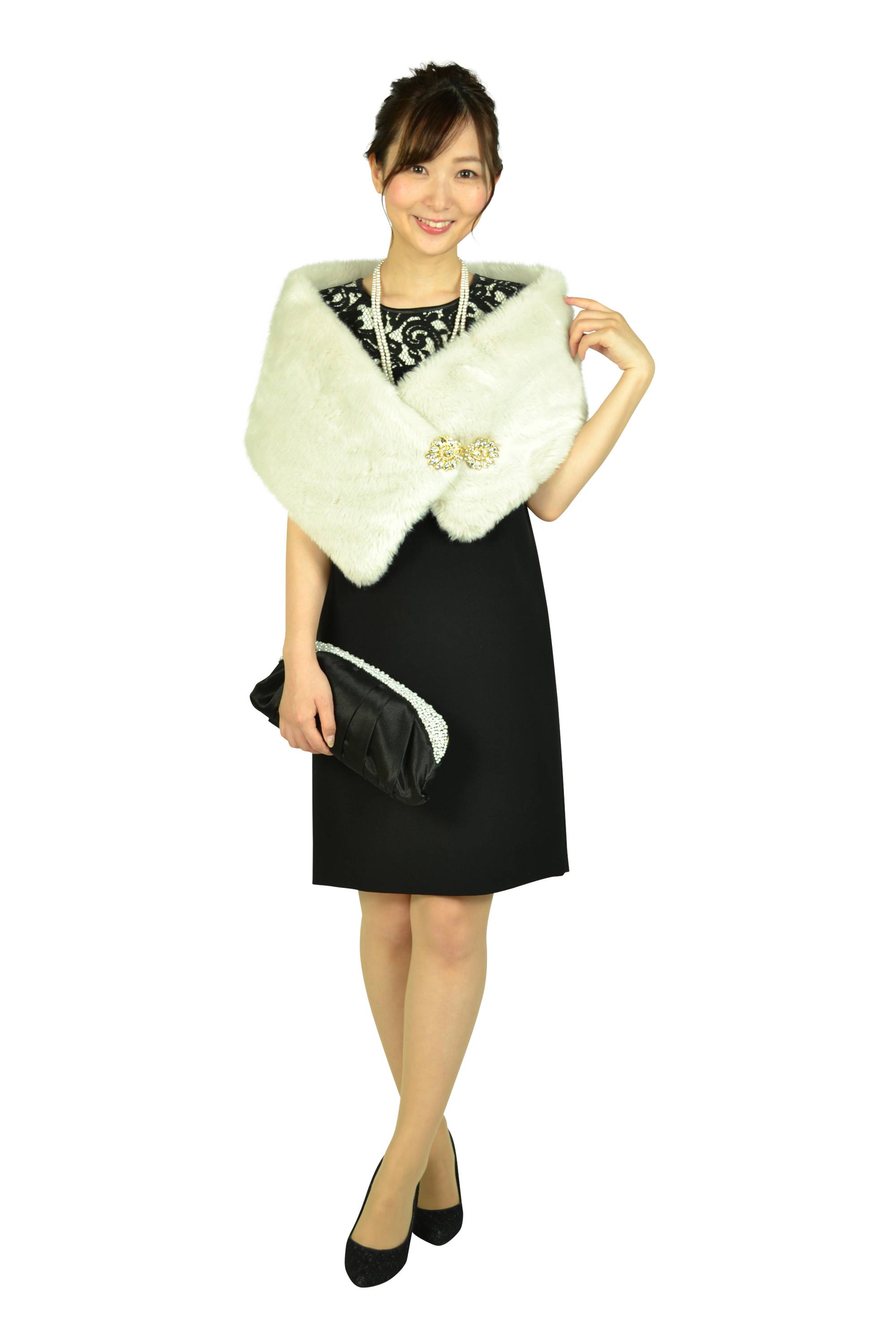 クリスタル留め具グレージュファーショール