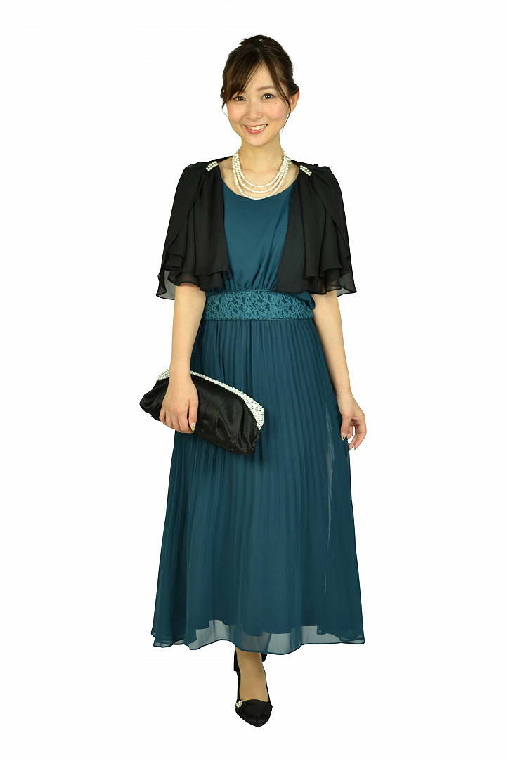 プリーツミディグリーンドレス