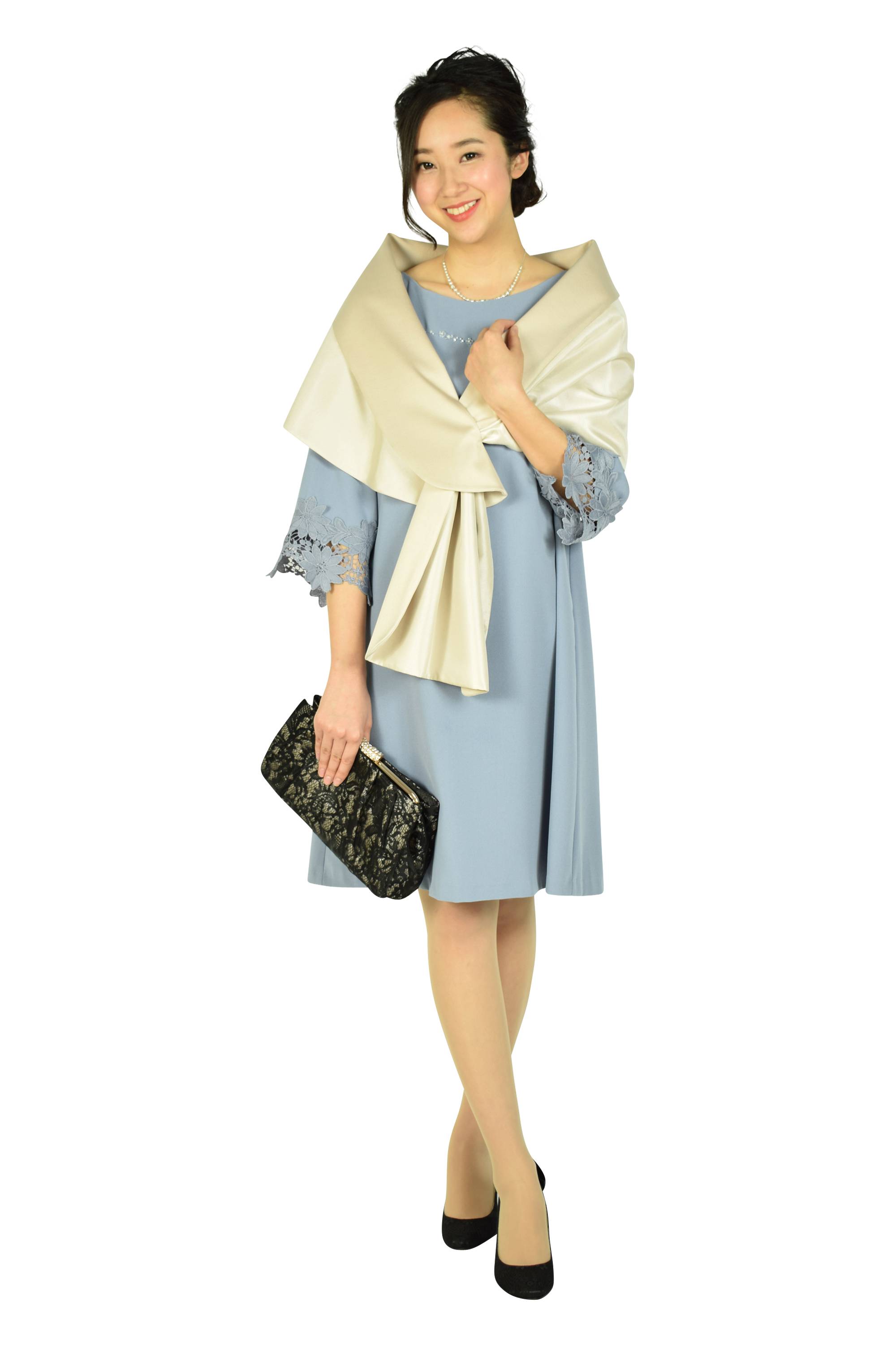 ゆったり袖口レースアッシュブルードレス