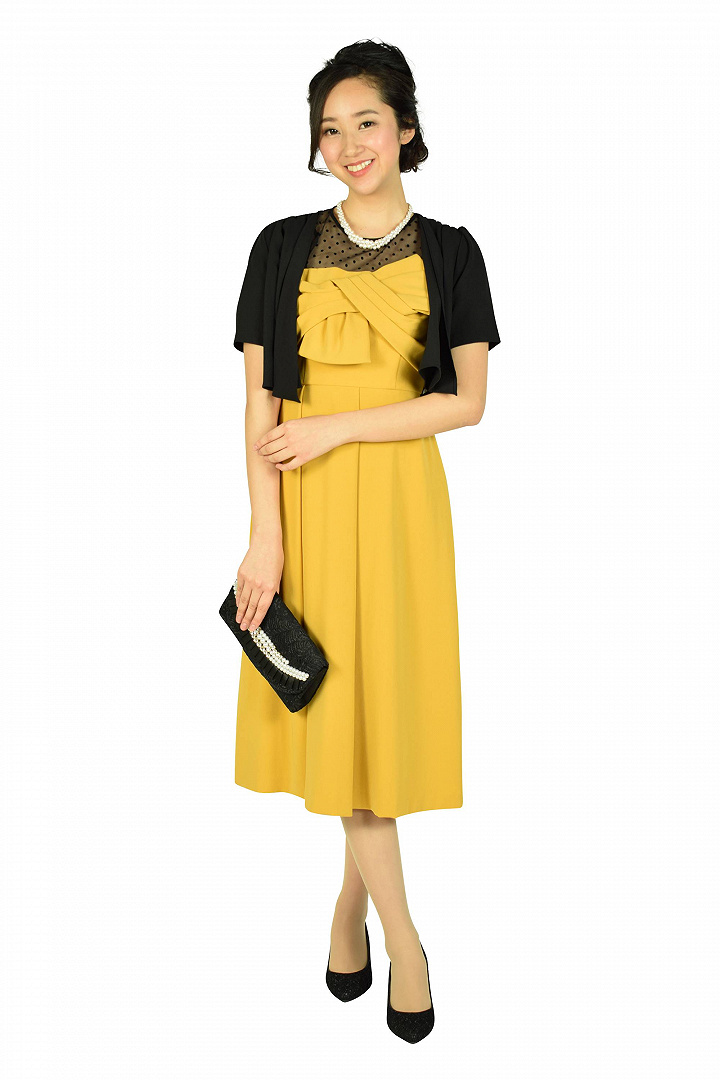 袖付きドットレースマスタードドレス