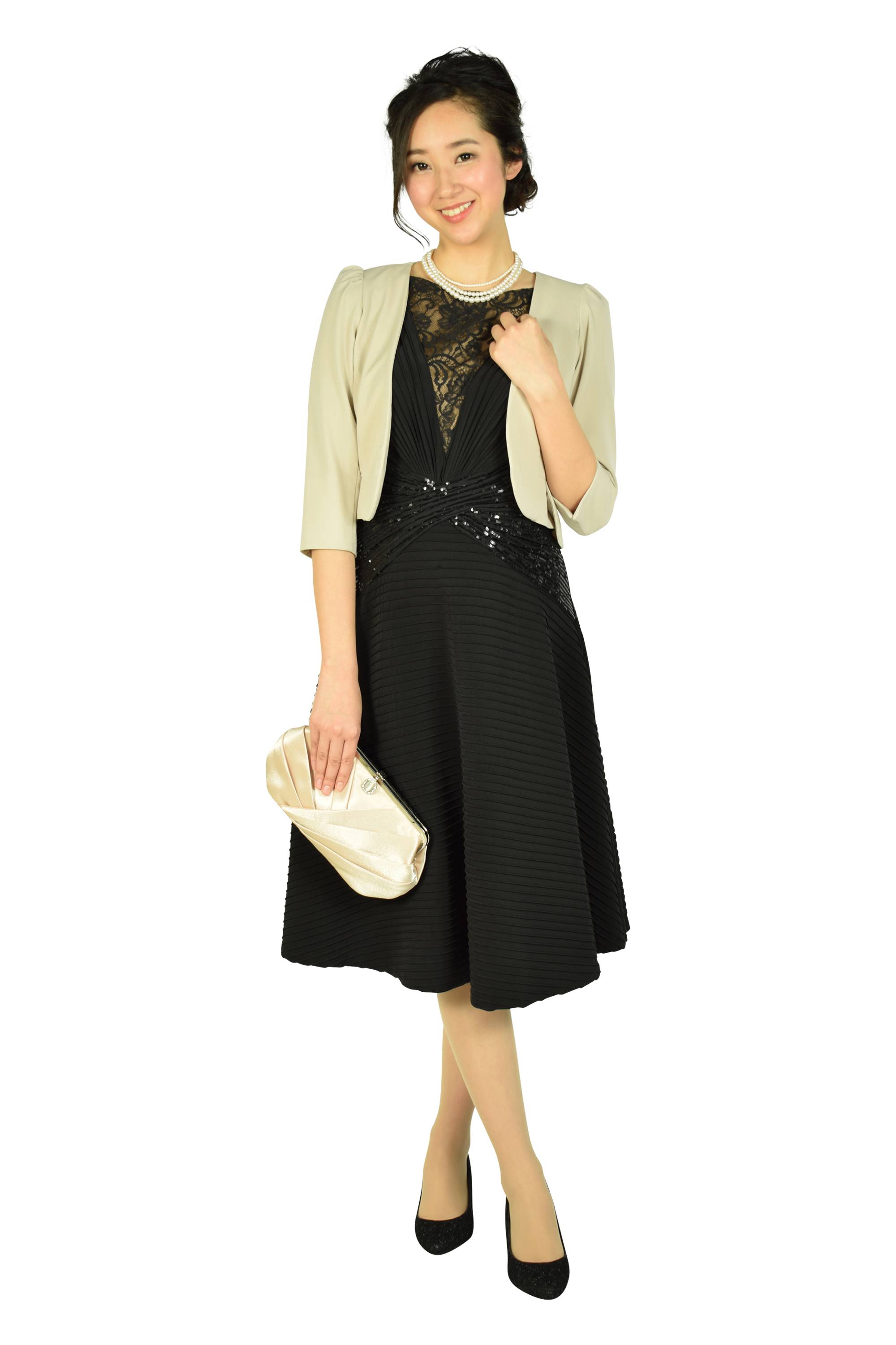 Tadashi Shoji エレガントフレアスカートブラックドレス (L〜LL) を