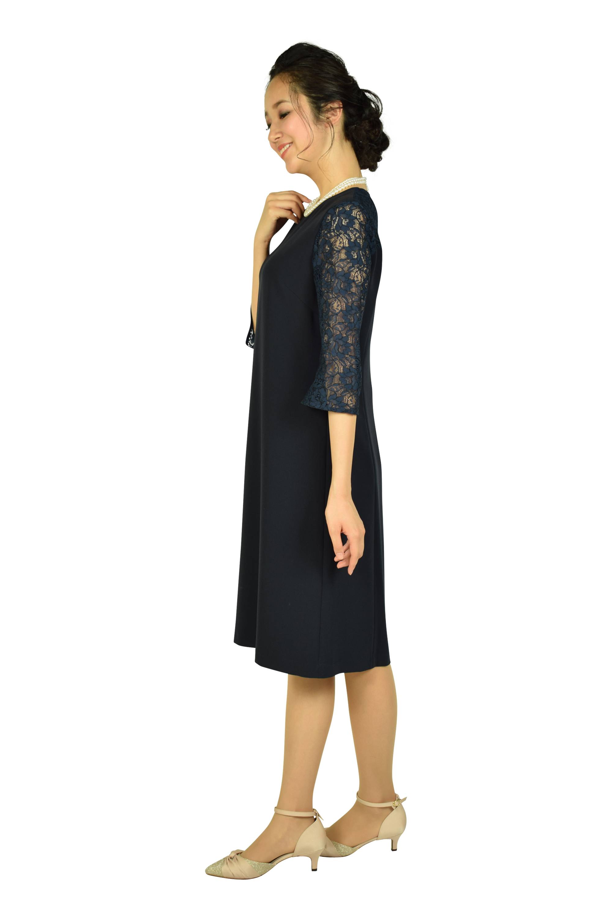 INDIVI 袖レース7分袖ネイビードレス (M〜L) をレンタル - 結婚式