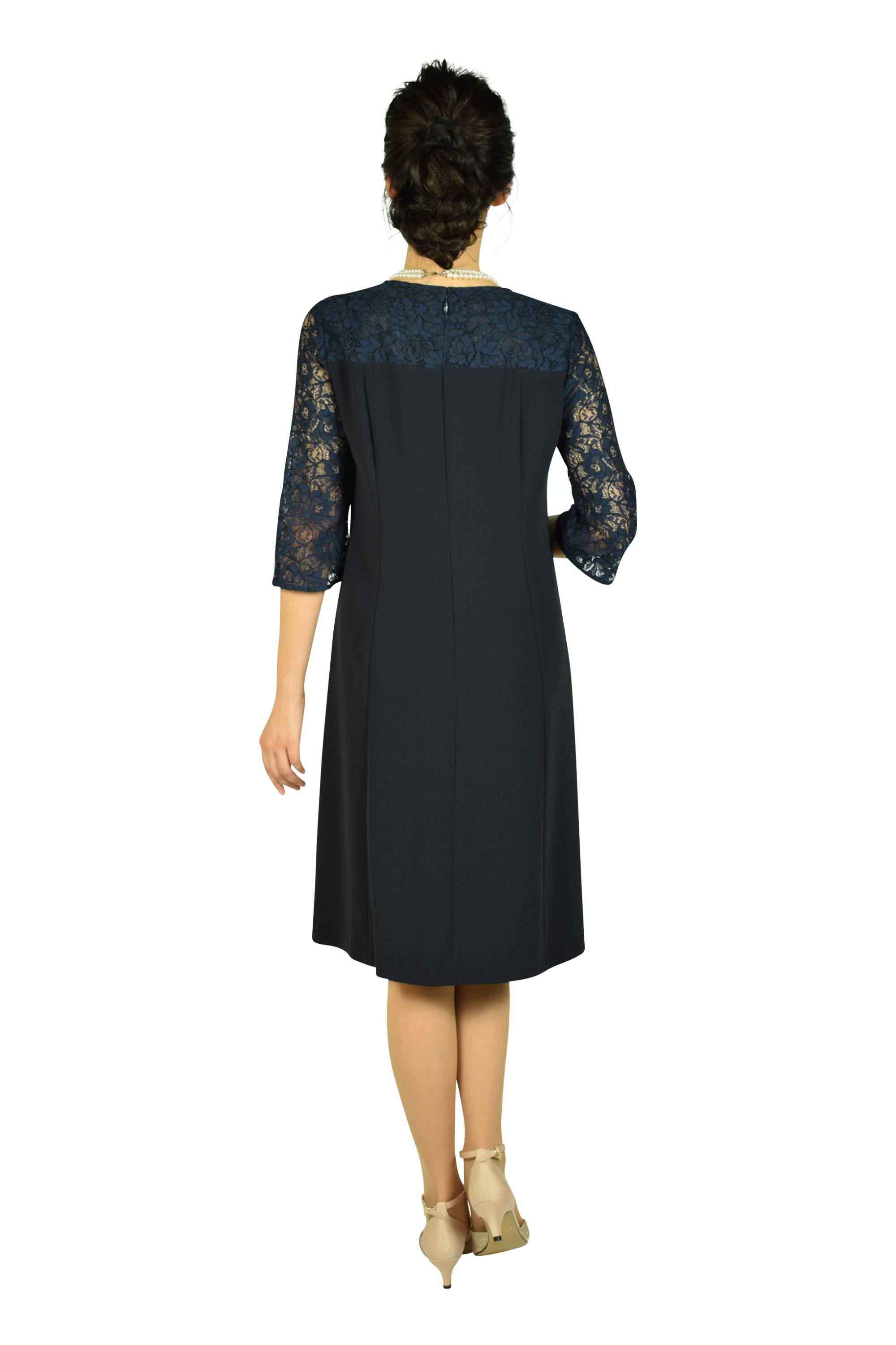 袖レース7分袖ネイビードレス