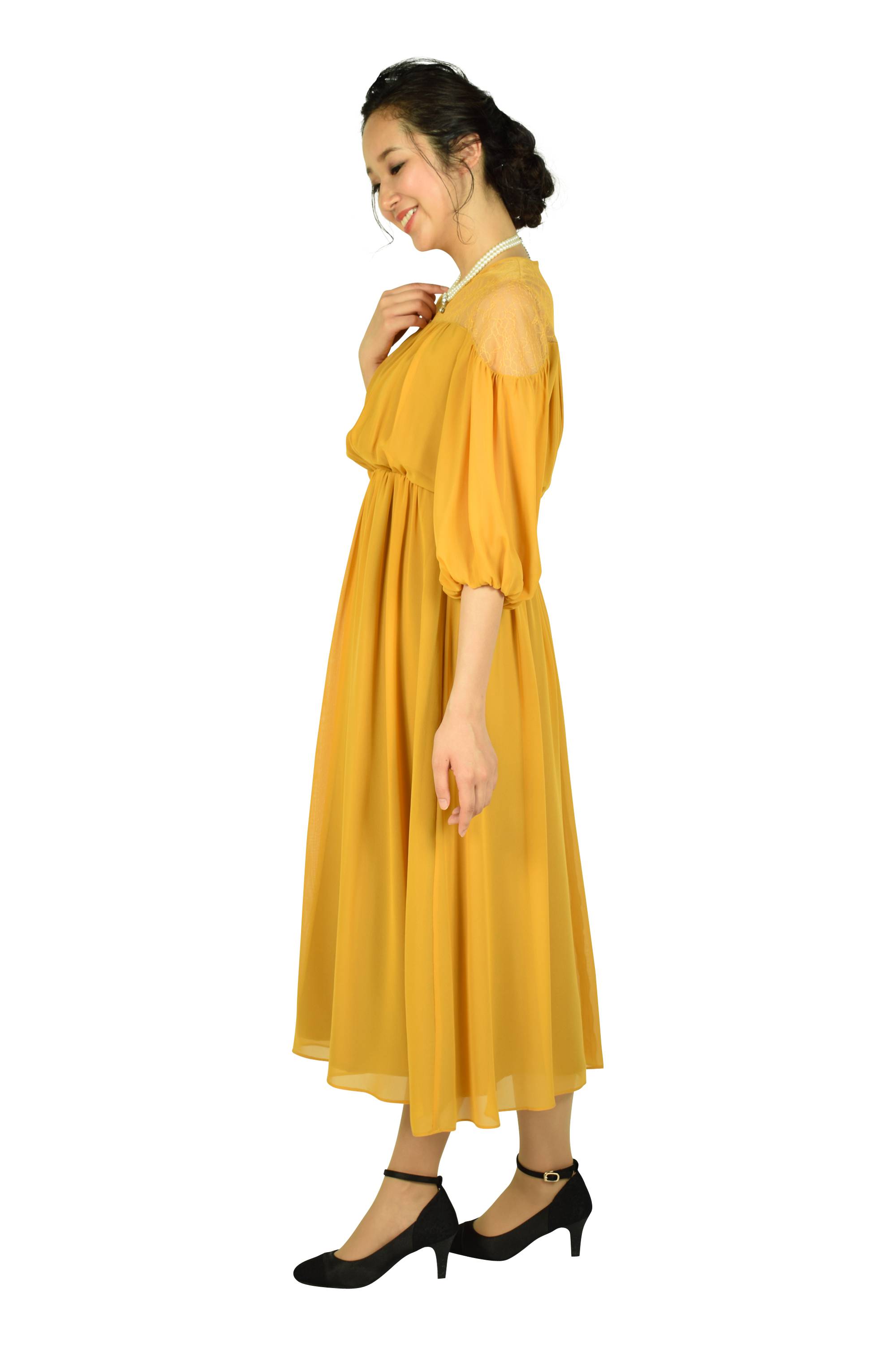 肩レースギャザーマスタードドレス