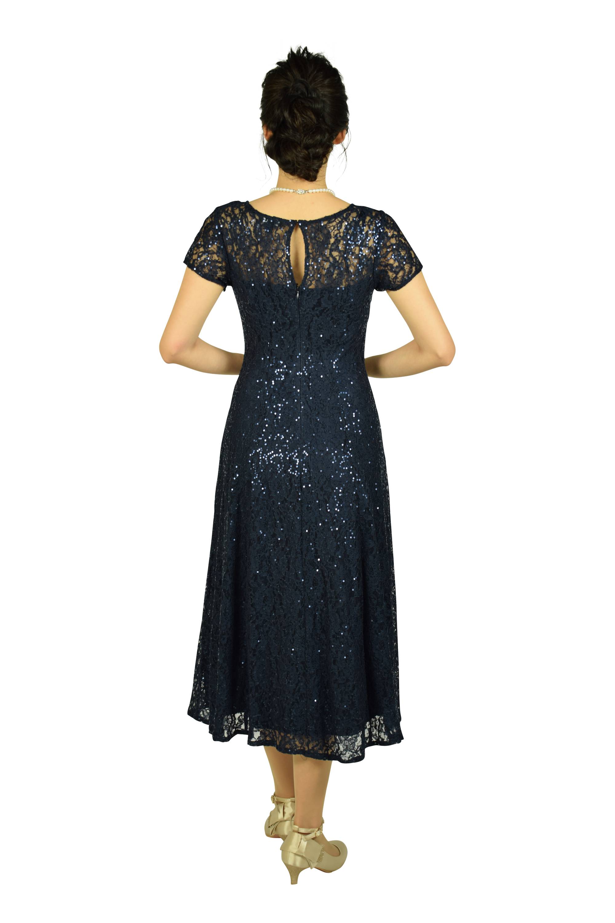 総レース&スパンコールミディ丈ネイビードレス