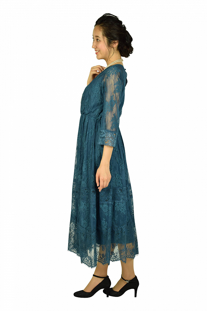 総レースエレガントブルーグリーンドレス