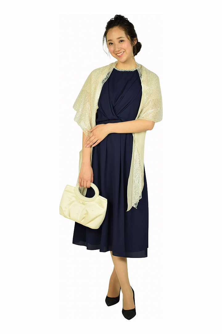 シフォンカシュクールネイビードレス