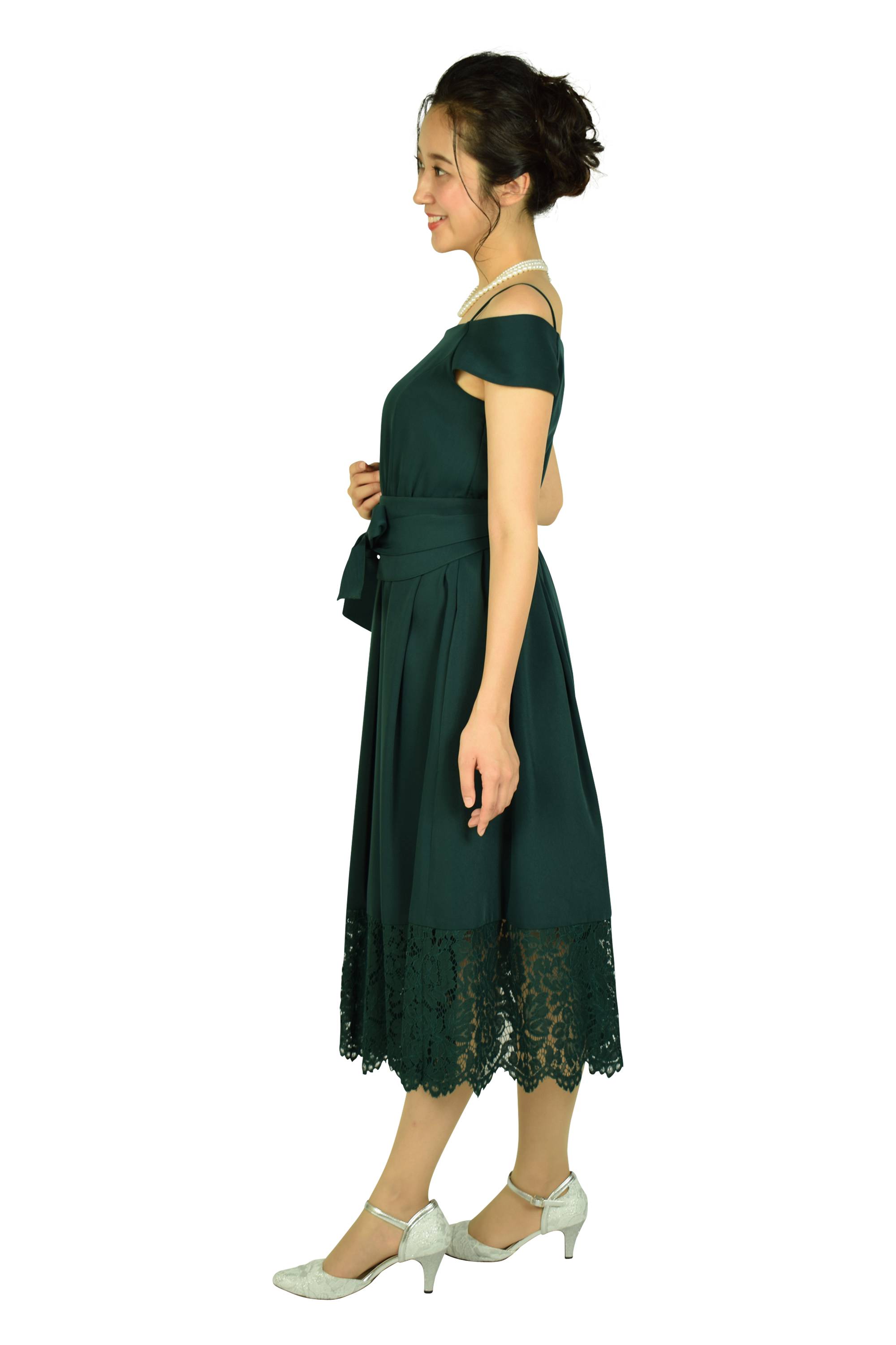 オフショルダーモスグリーンドレス