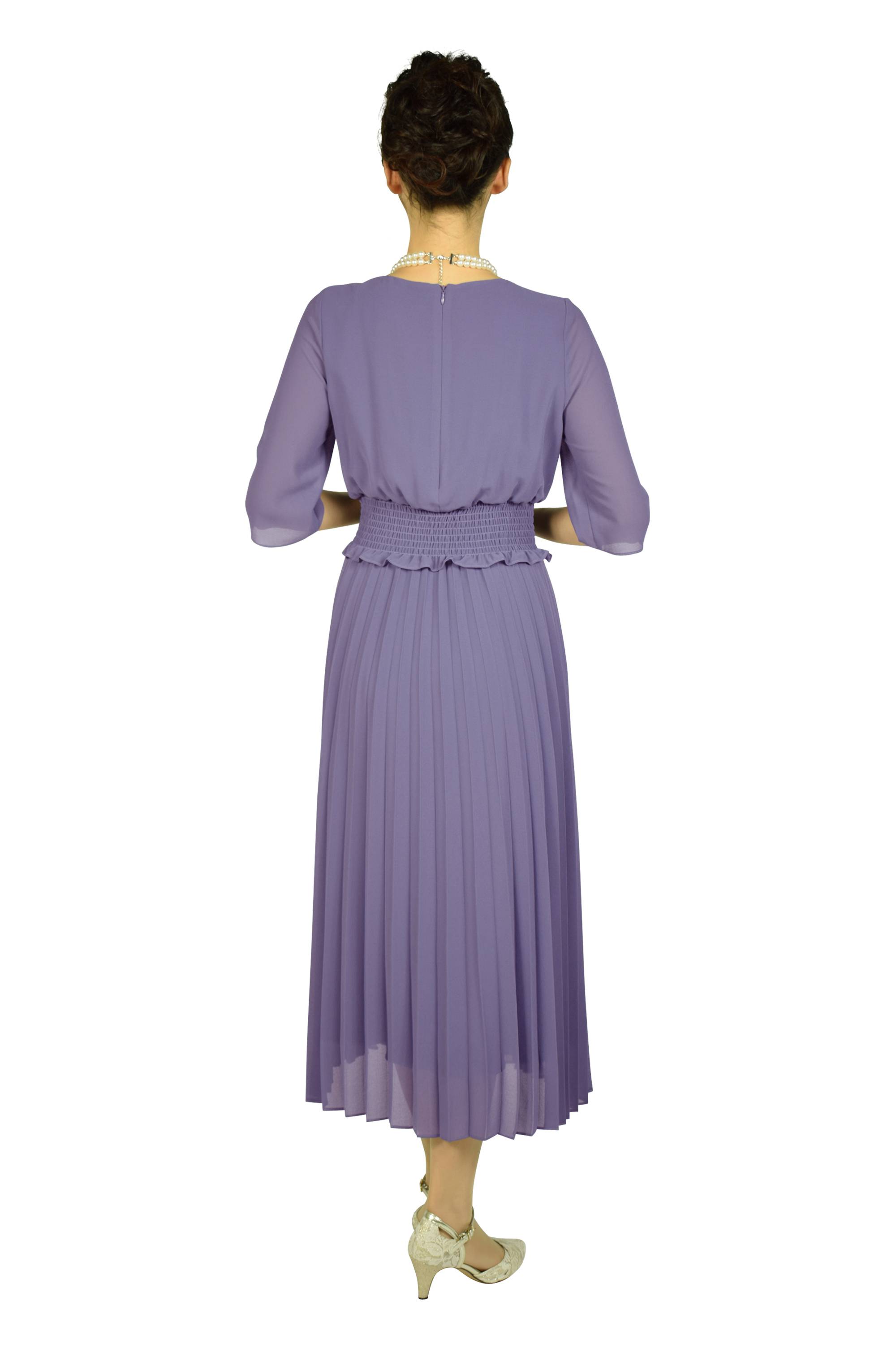 ミディ丈プリーツバイオレットドレス