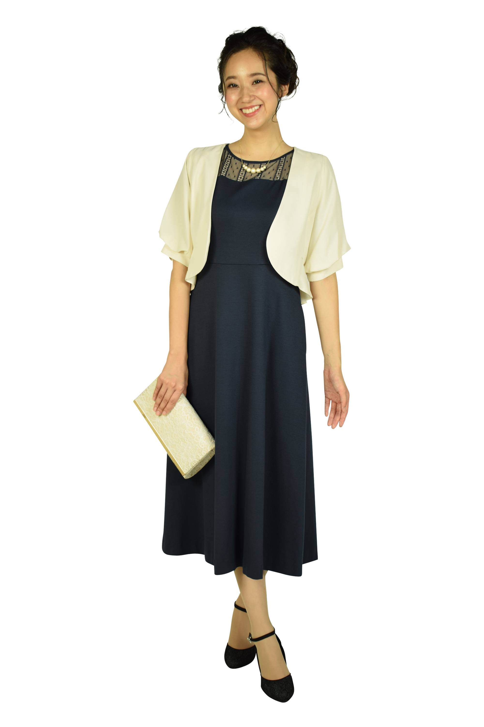 ドットレースミディ丈ネイビードレス