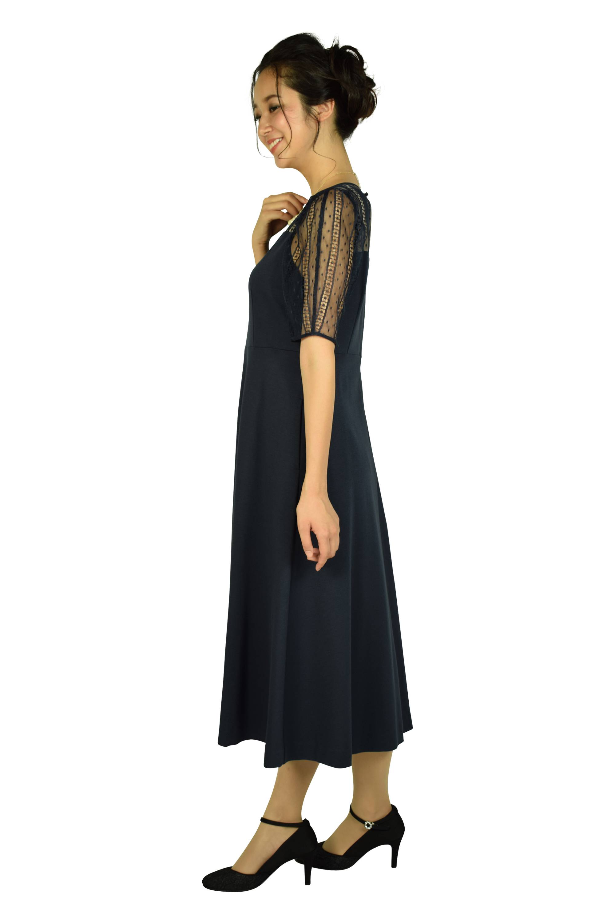 ドットレースミディ丈ネイビードレス