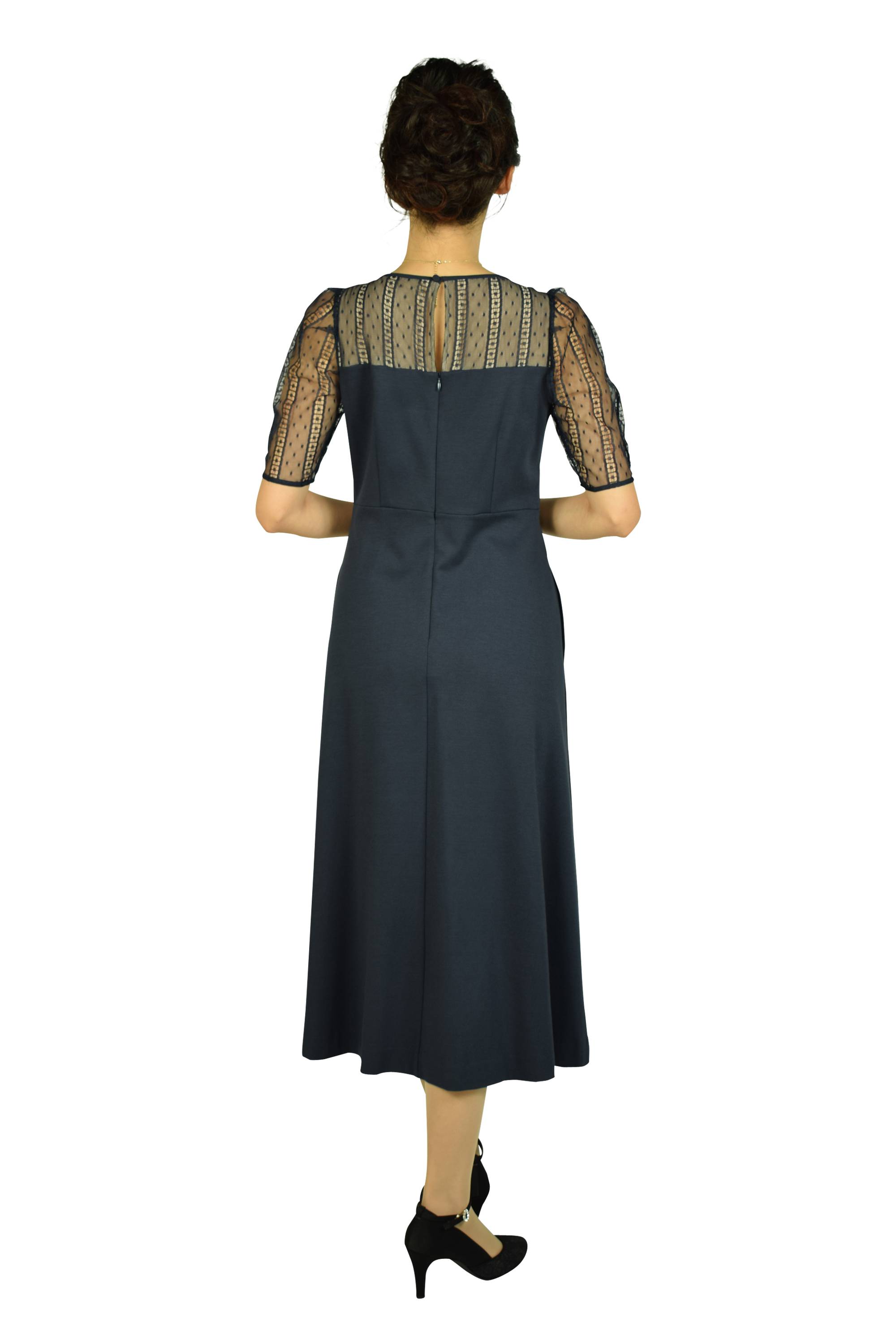 ドットレースミディ丈ネイビードレス