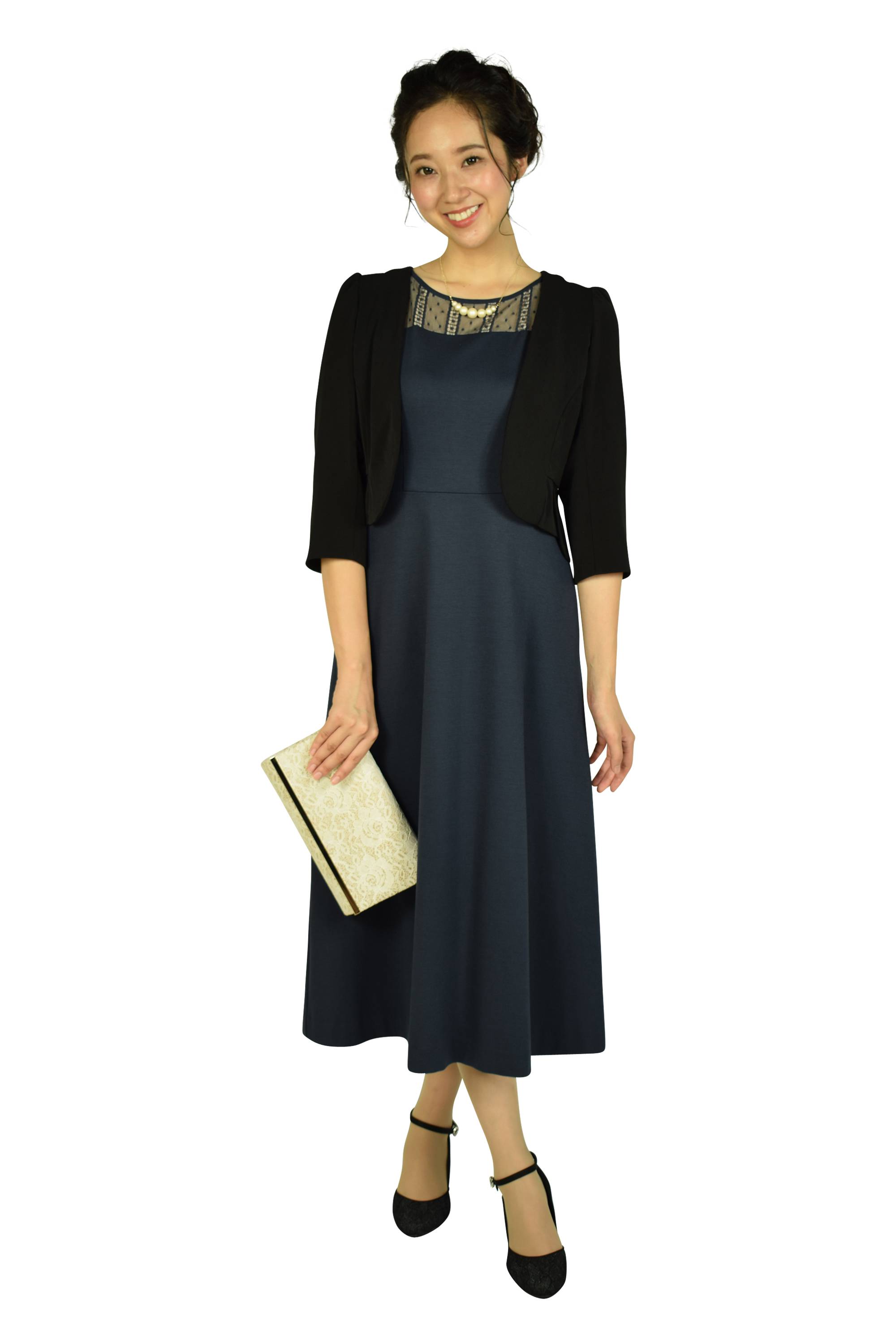 ドットレースミディ丈ネイビードレス