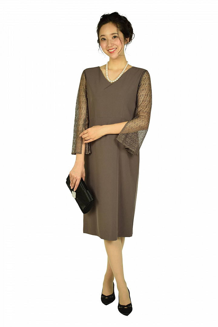 袖レースココアブラウンドレス