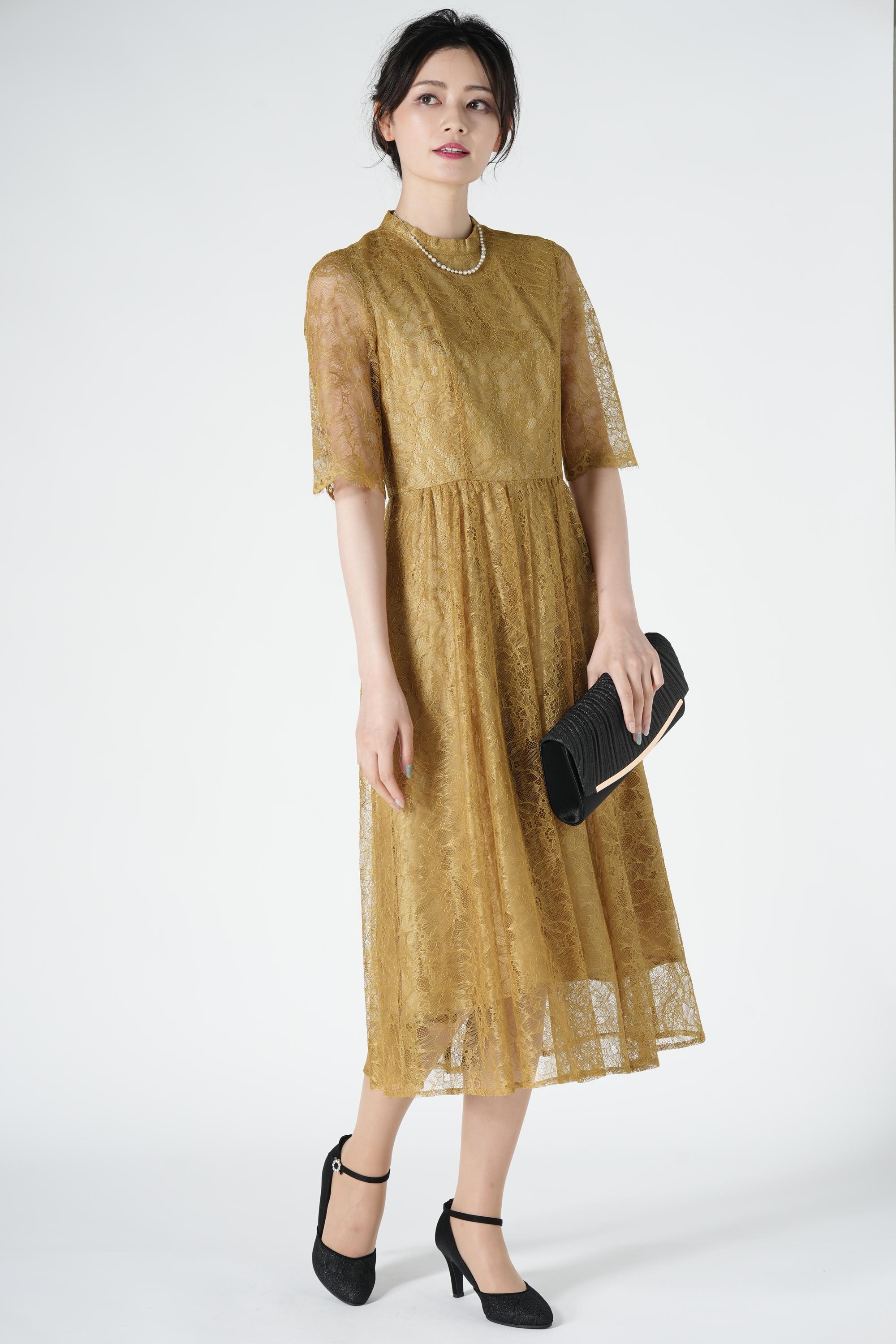 総レースミディ丈マスタードドレス