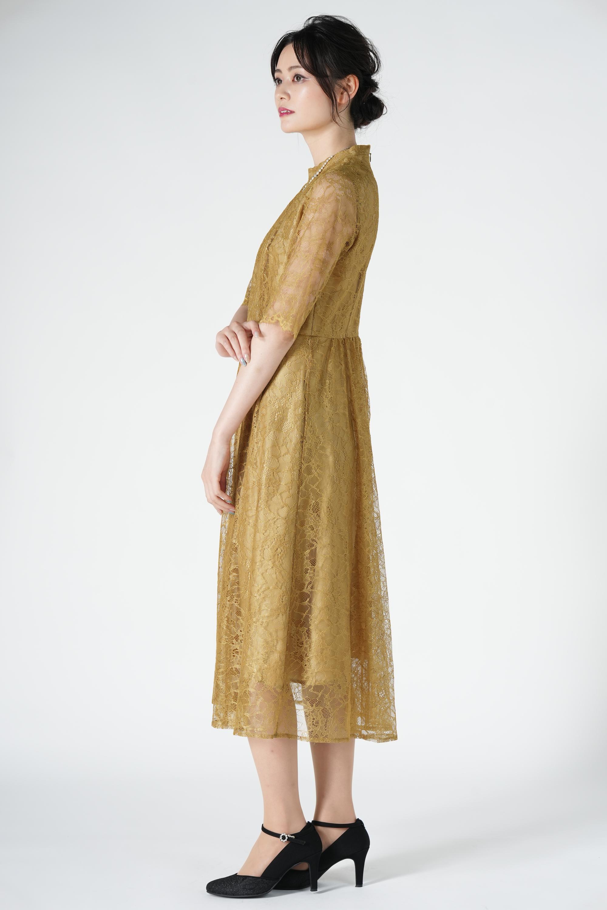 総レースミディ丈マスタードドレス