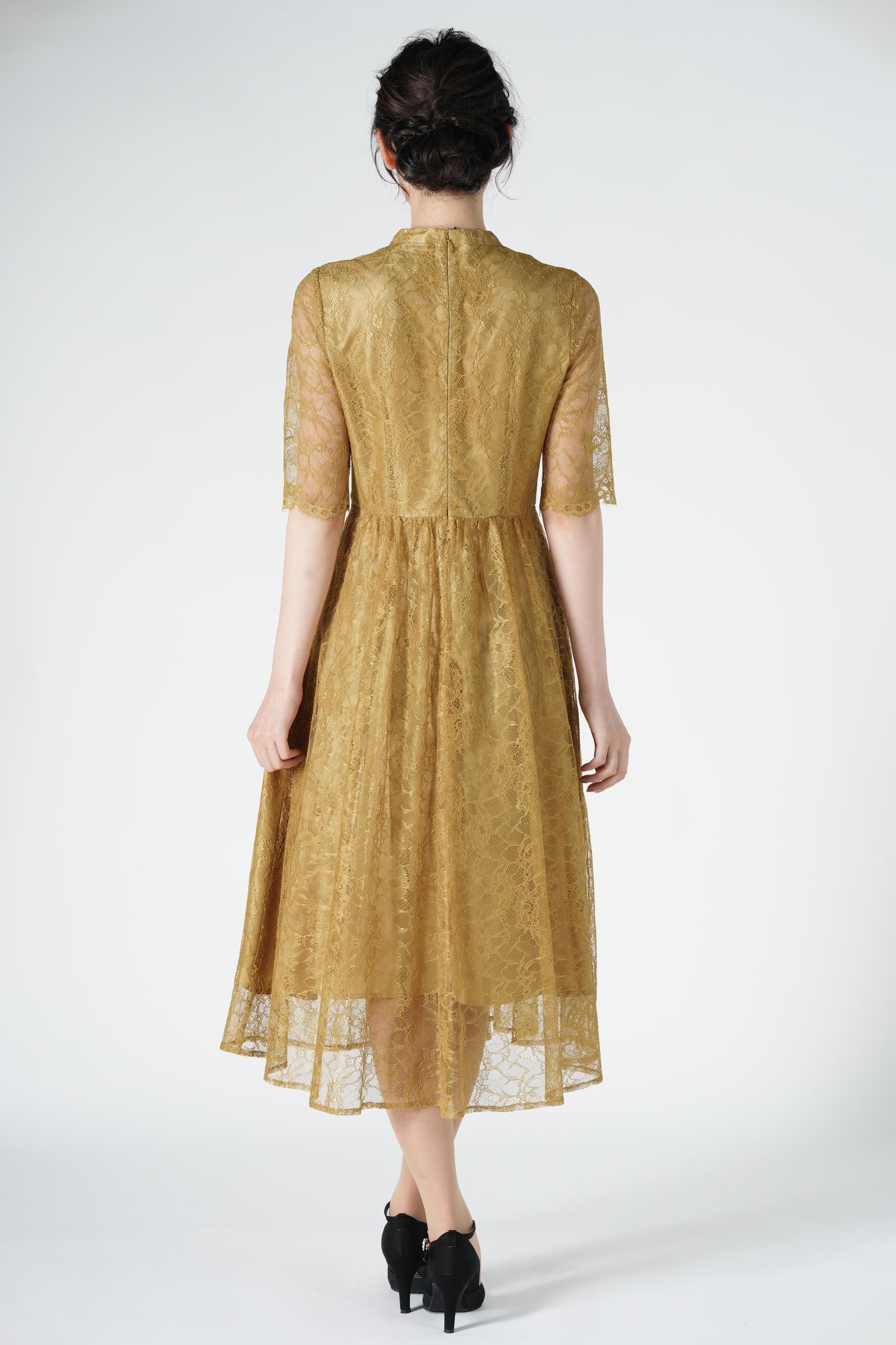 総レースミディ丈マスタードドレス