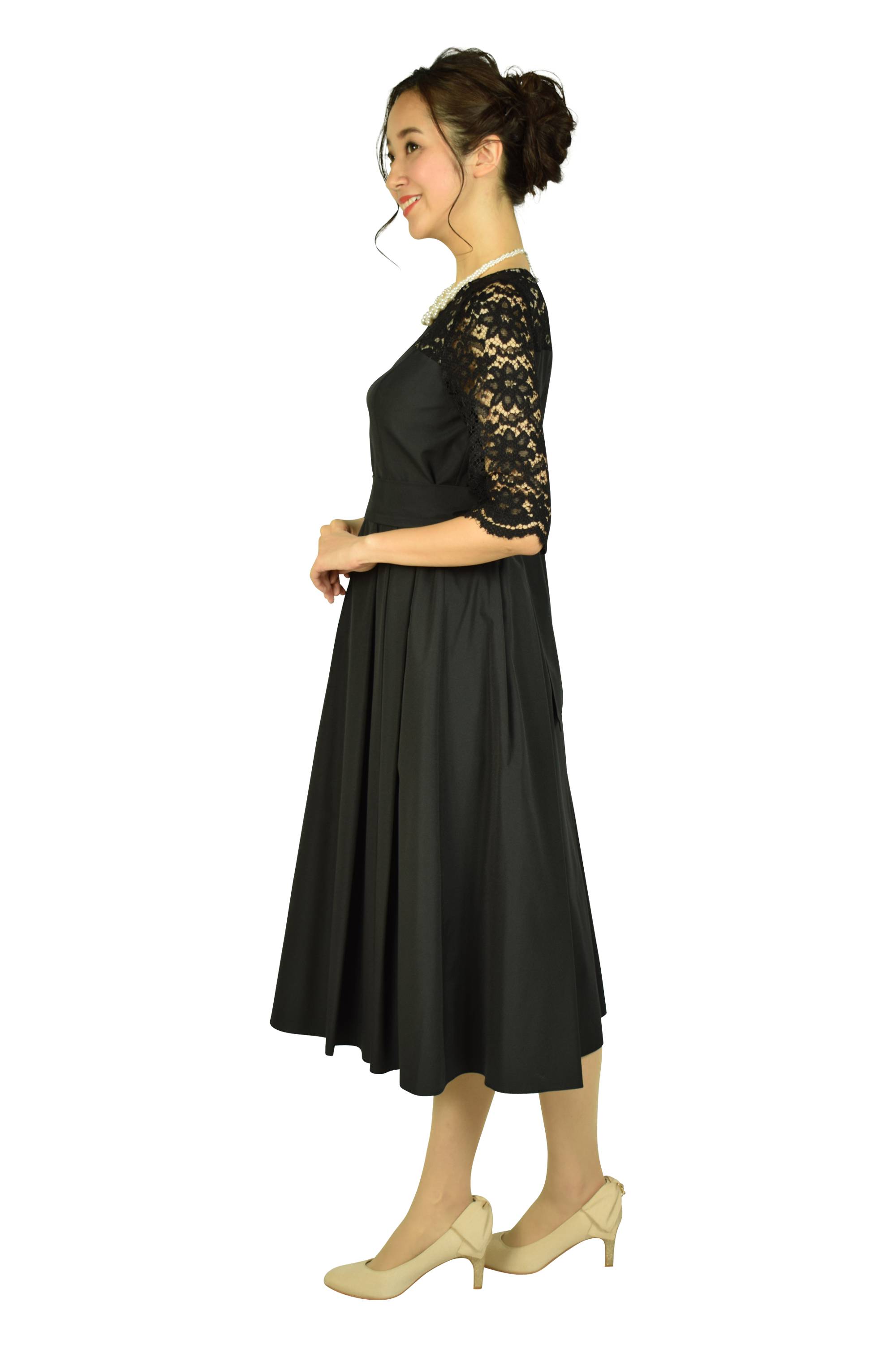 レース6分袖ブラックミモレドレス