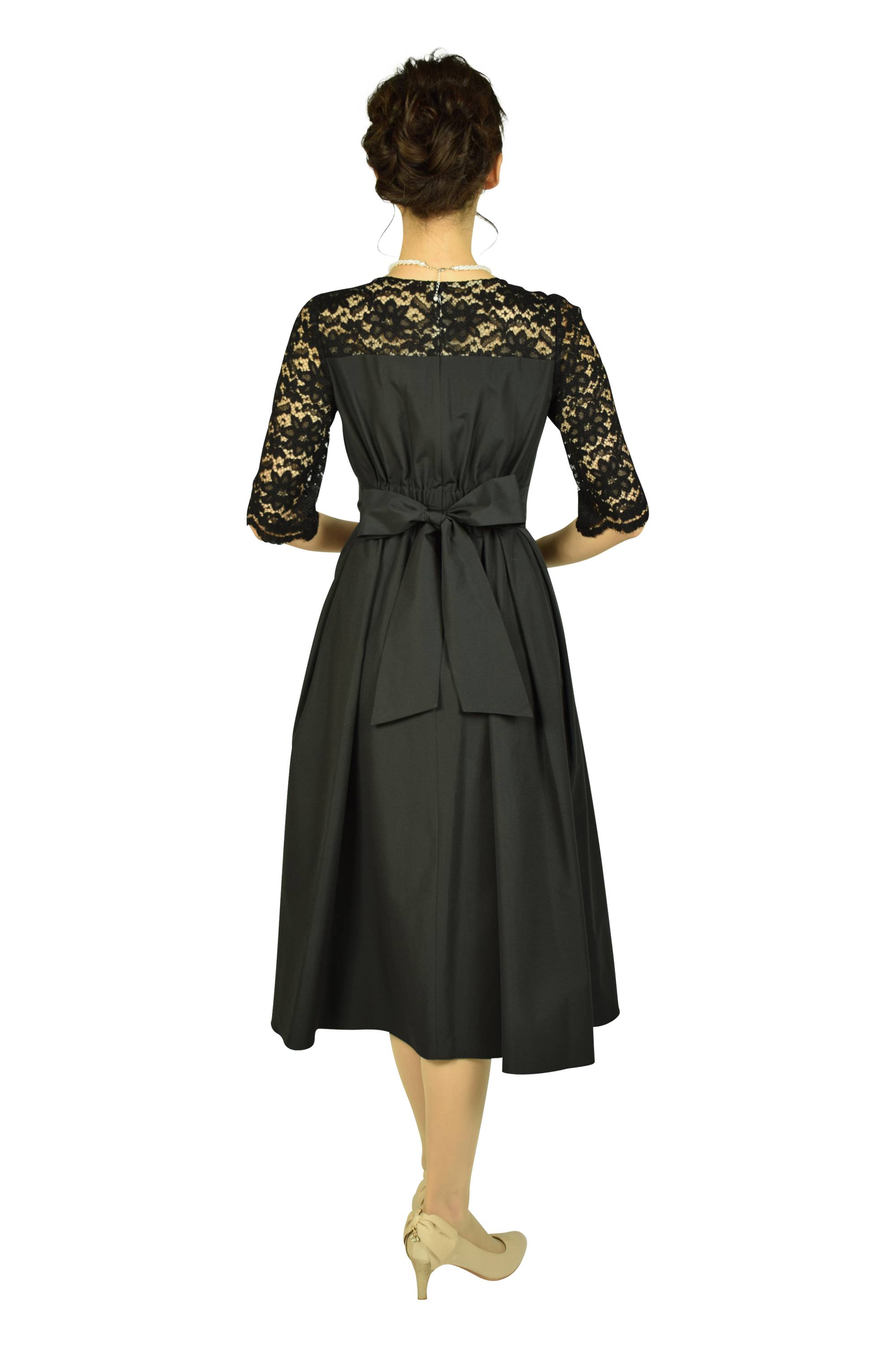 レース6分袖ブラックミモレドレス