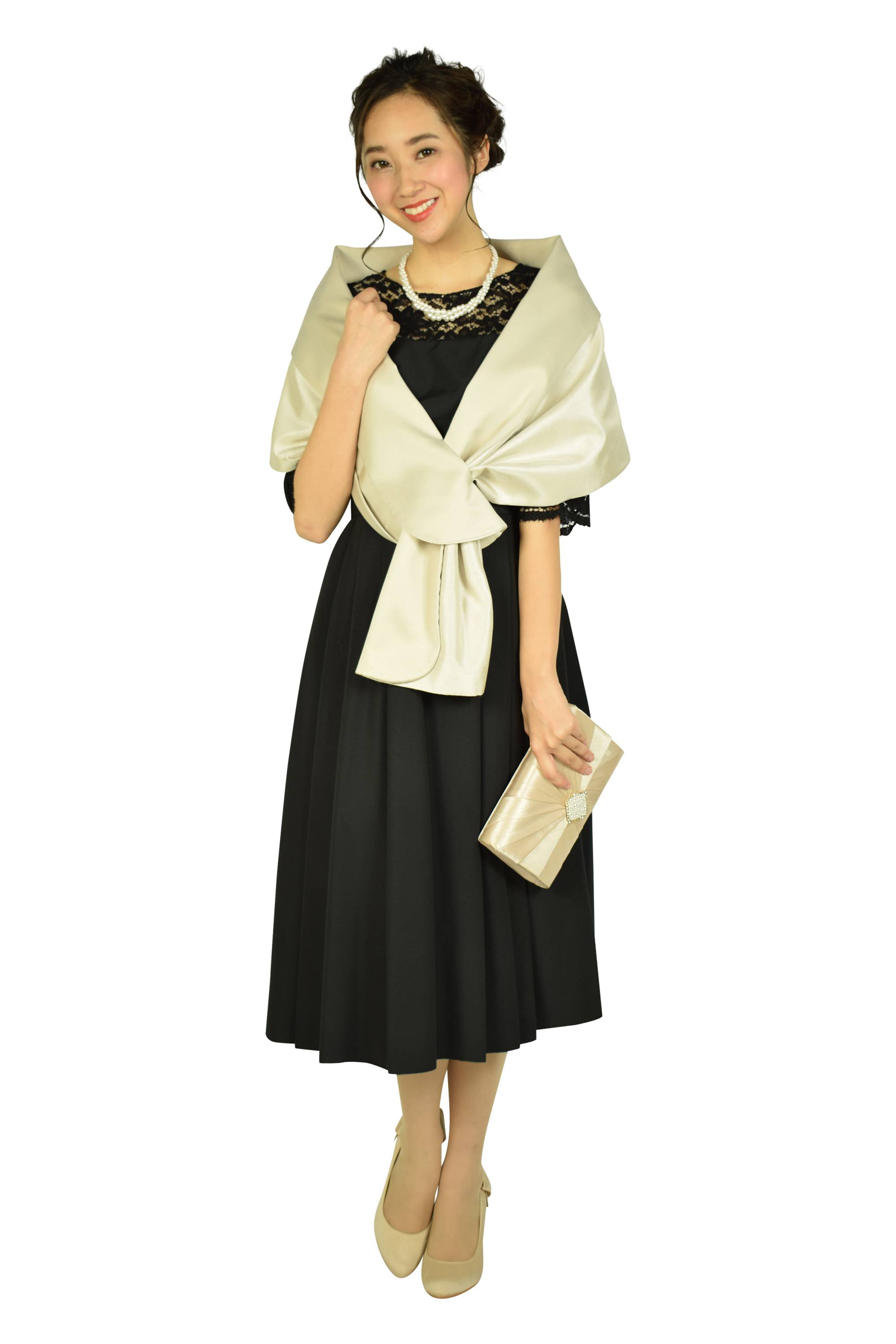 レース6分袖ブラックミモレドレス