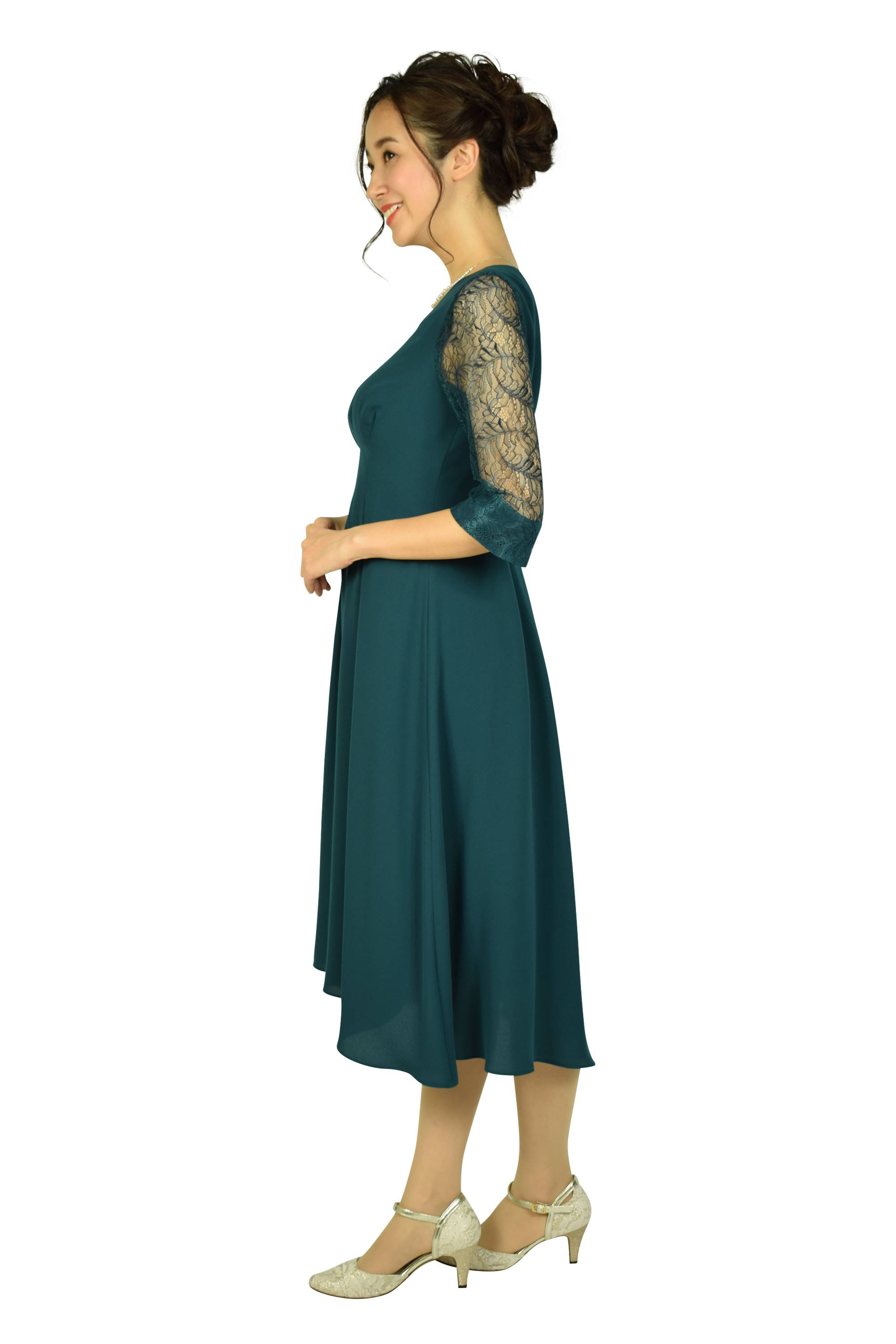 DRESS DECO Vネック袖レースグリーンドレス (M) をレンタル - 結婚式