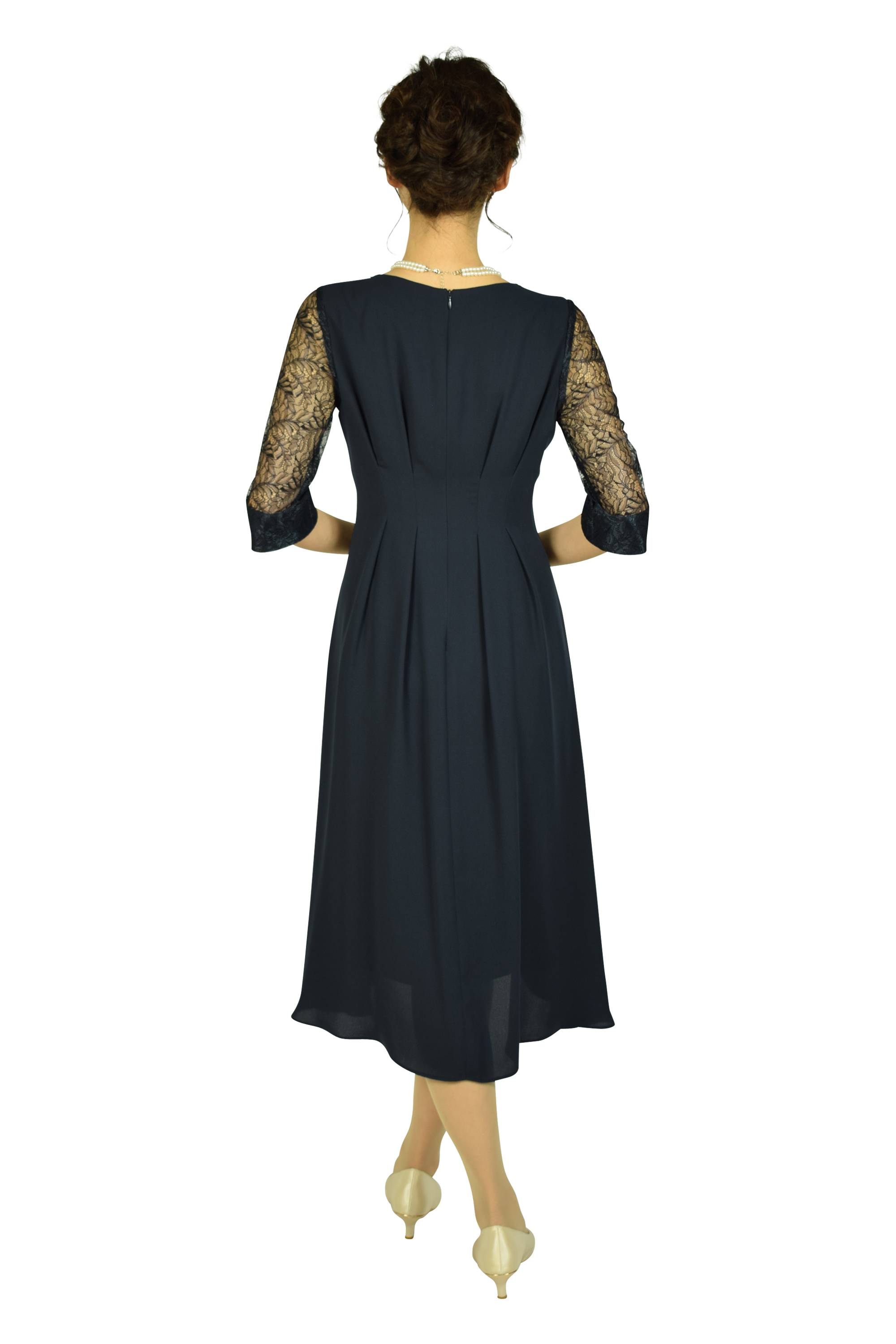 Vネック袖レースネイビードレス