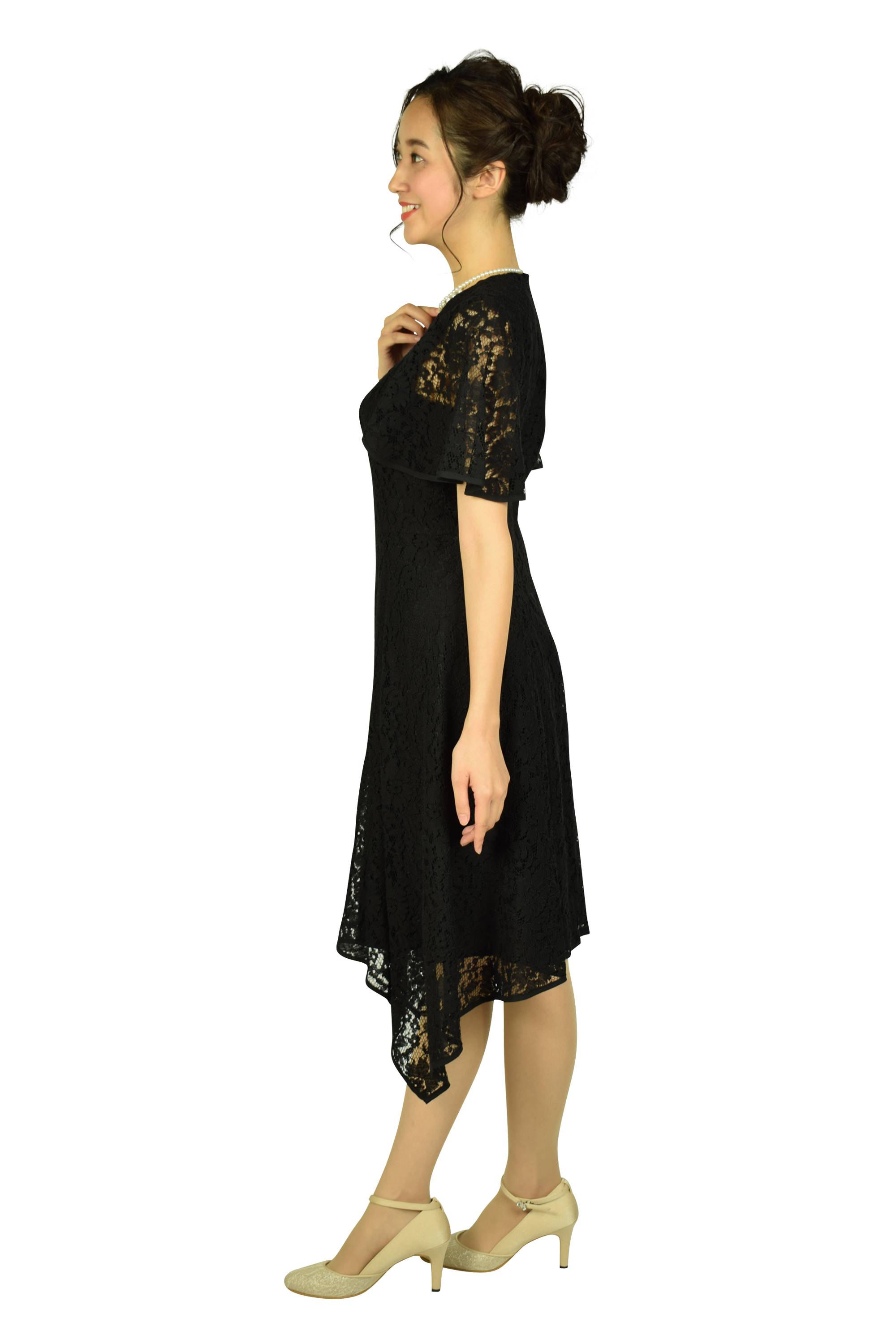 イレギュラーヘムレースブラックドレス