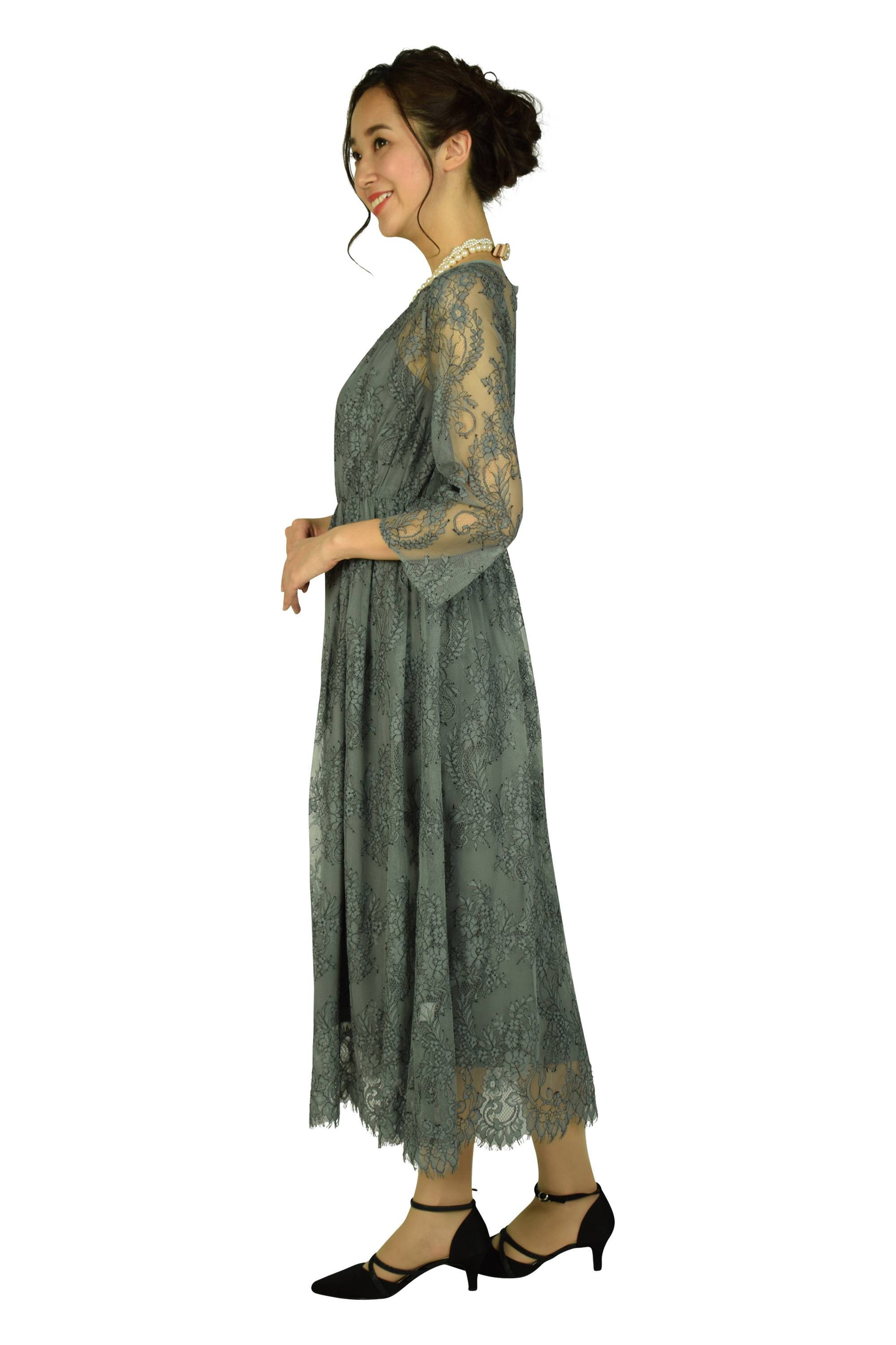 総レースミディ丈モーブグリーンドレス