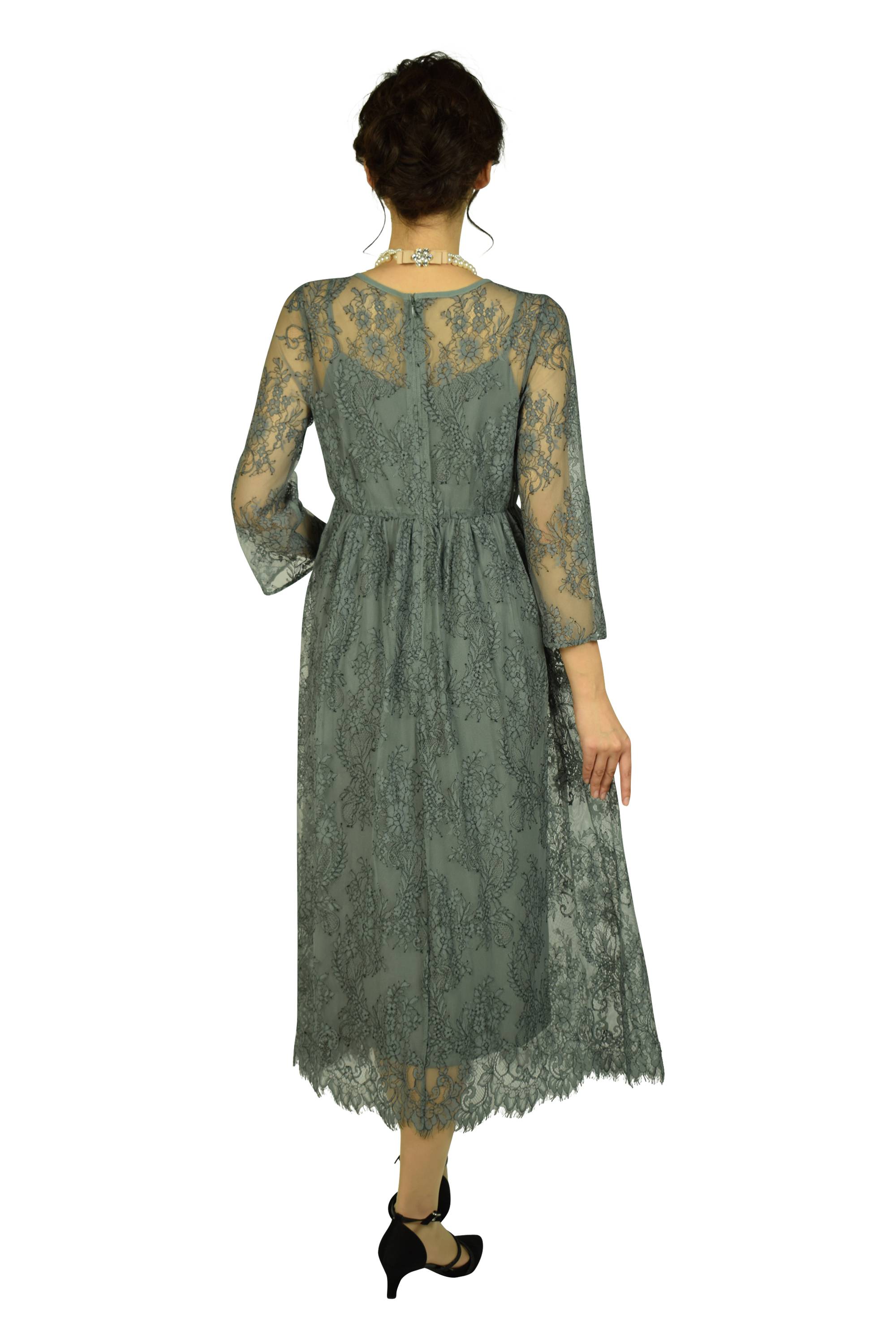 総レースミディ丈モーブグリーンドレス