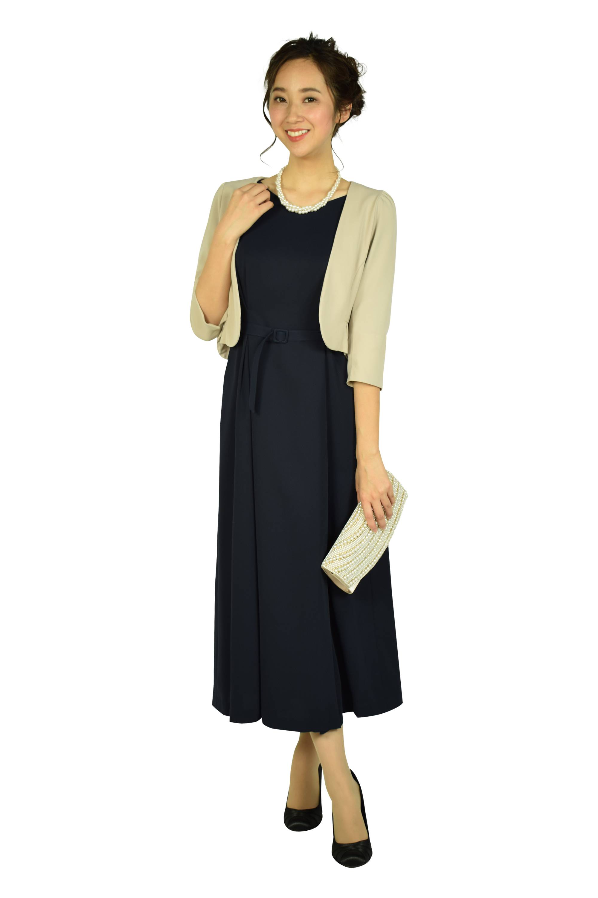 レーススリーブロングネイビードレス