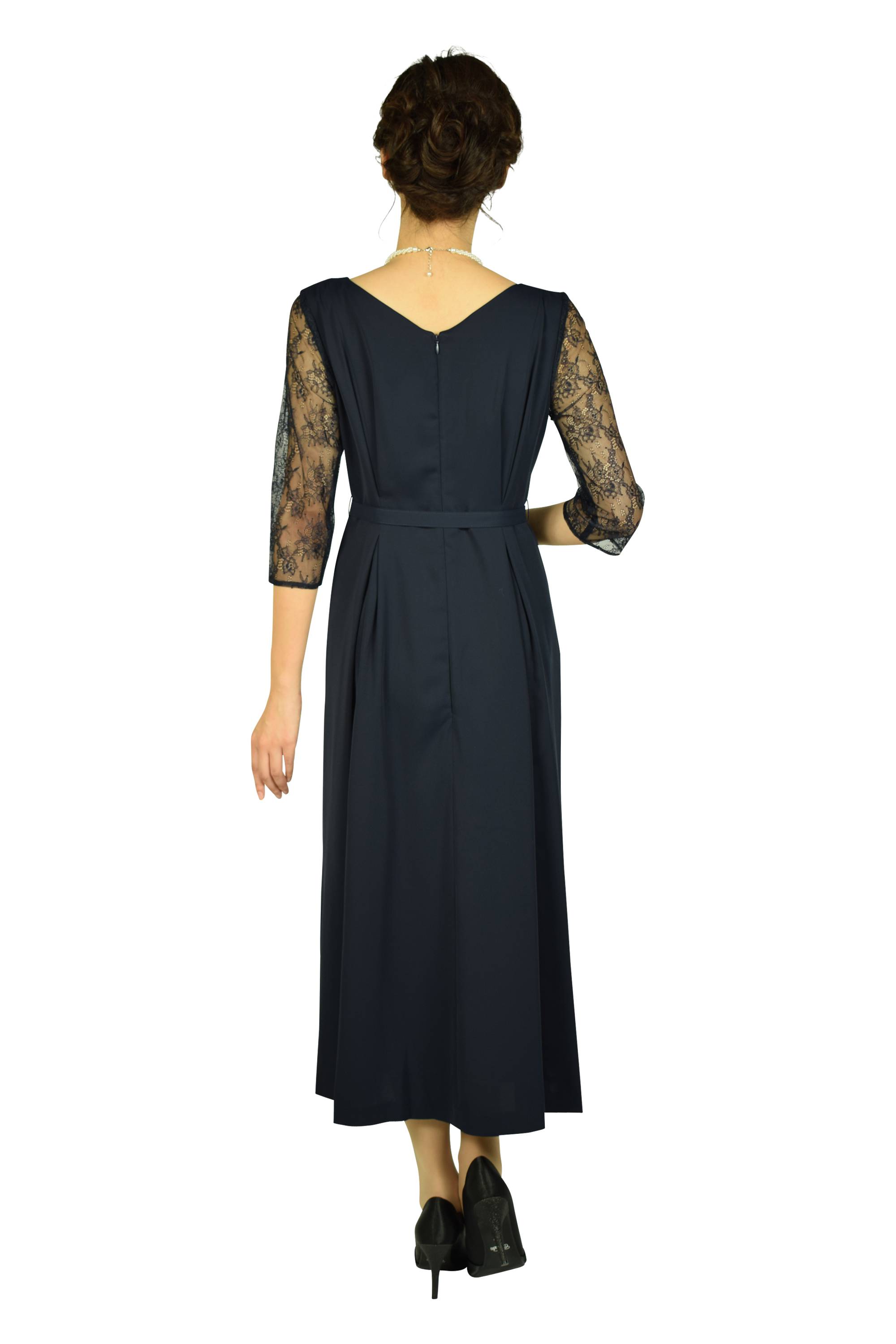 レーススリーブロングネイビードレス