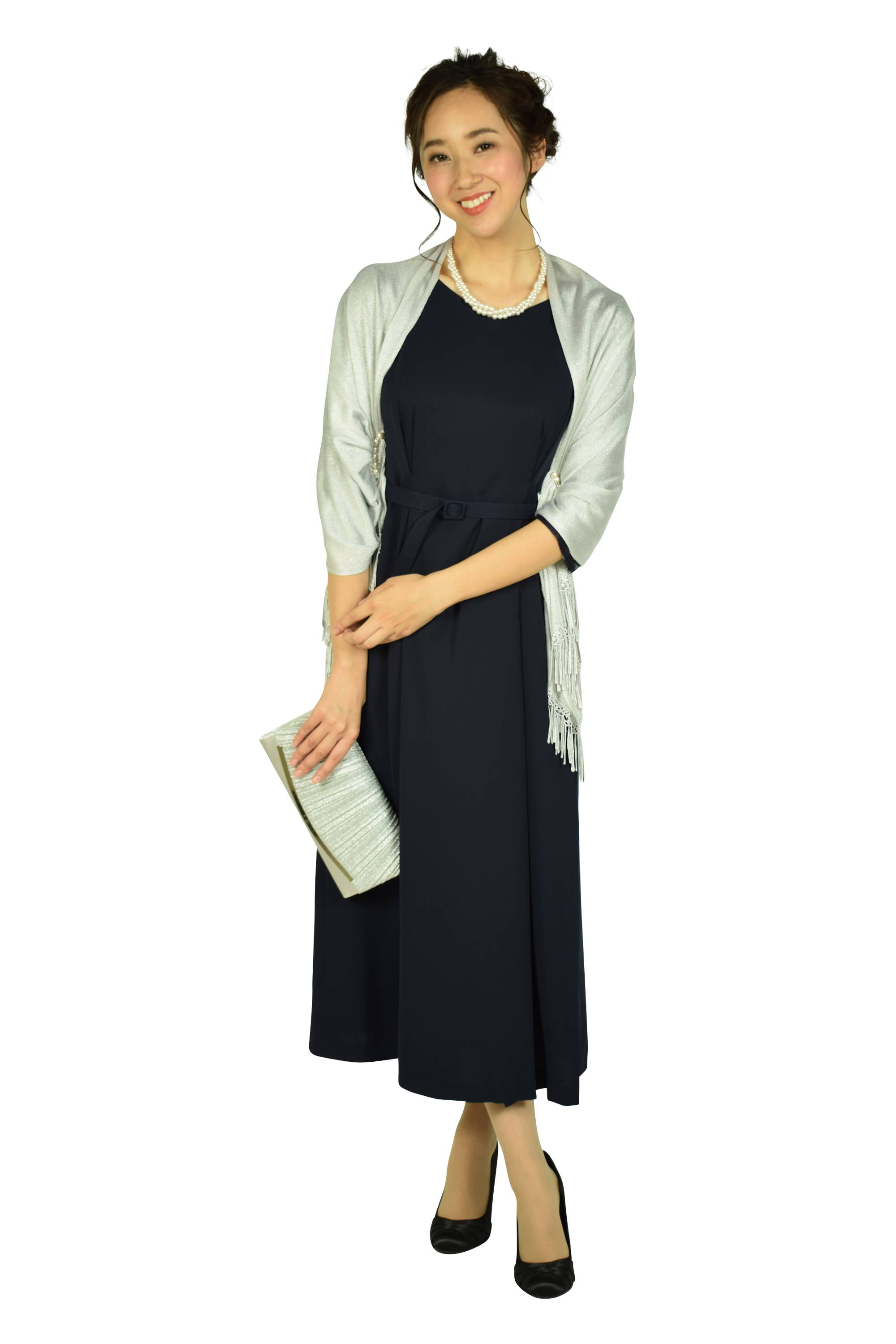 レーススリーブロングネイビードレス