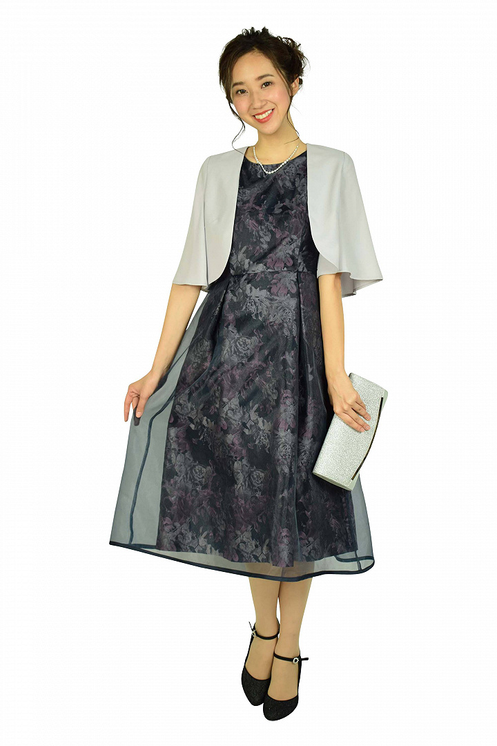 オーガンジーフラワーミディネイビードレス