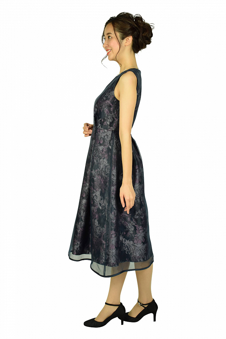 オーガンジーフラワーミディネイビードレス