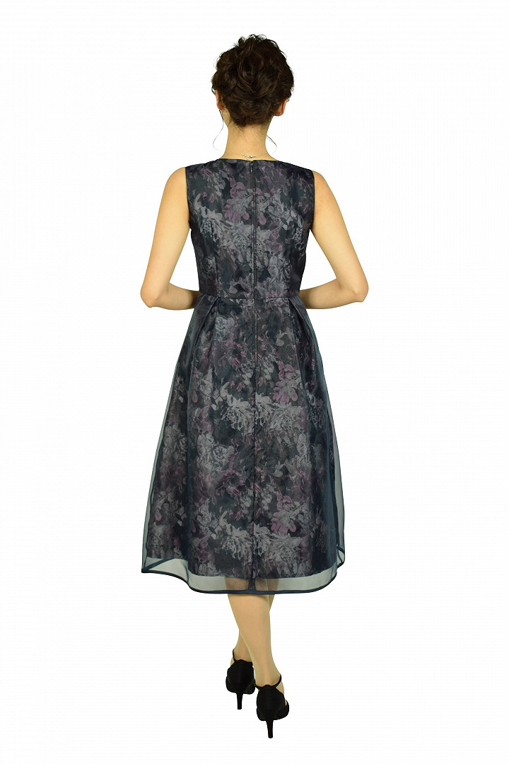 オーガンジーフラワーミディネイビードレス