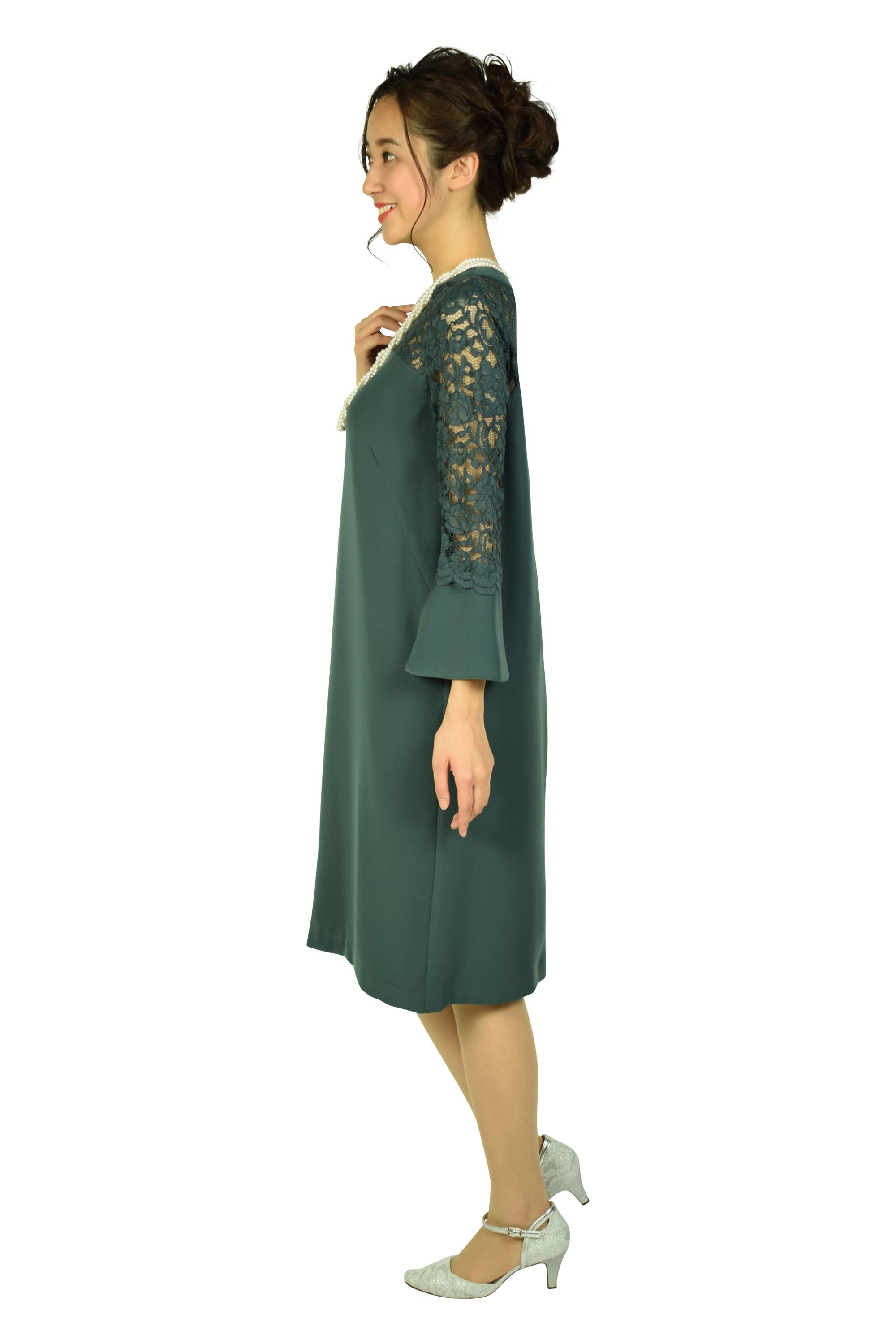 レース切替フレアースリーブビリジアンドレス