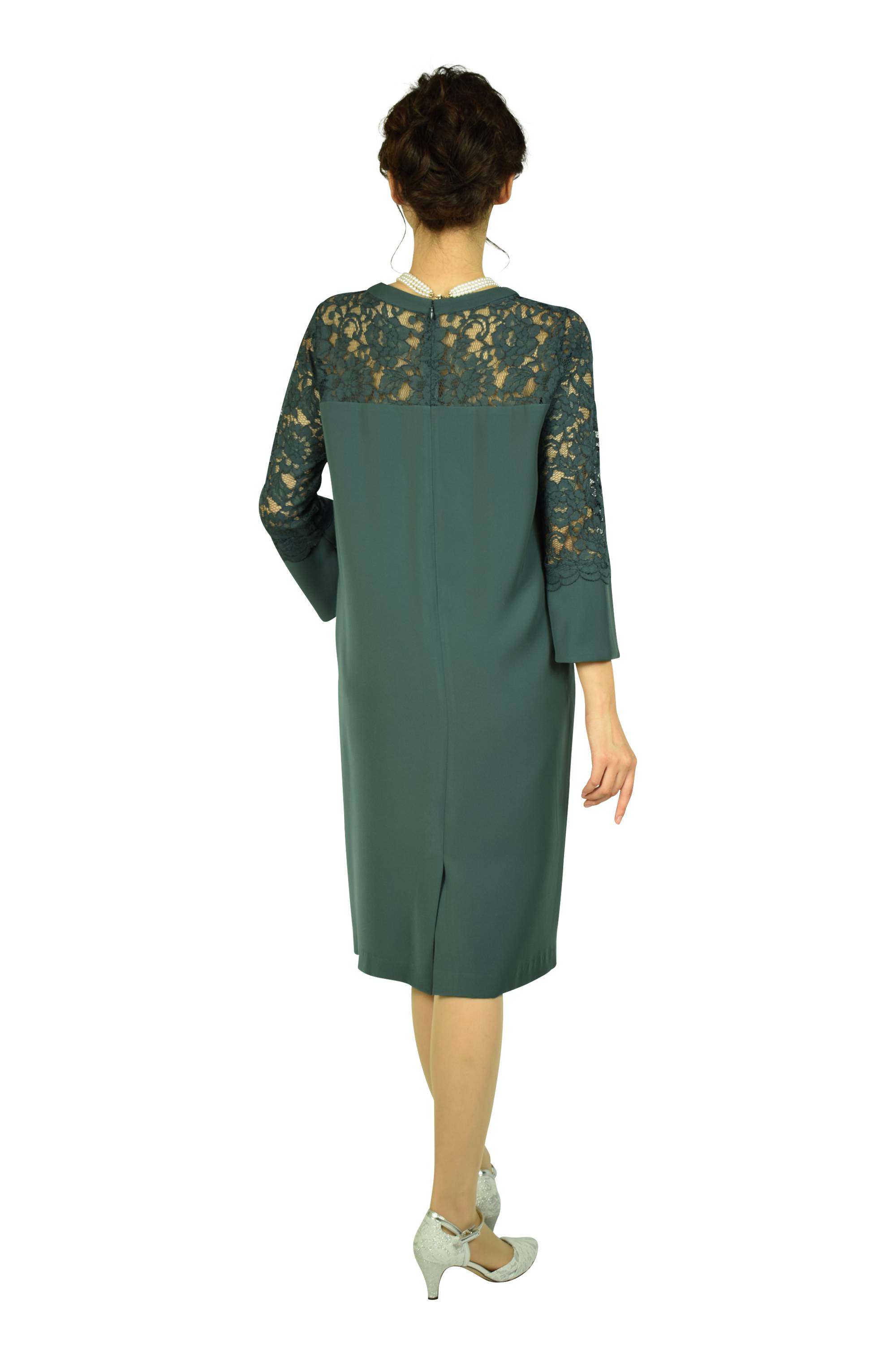 レース切替フレアースリーブビリジアンドレス