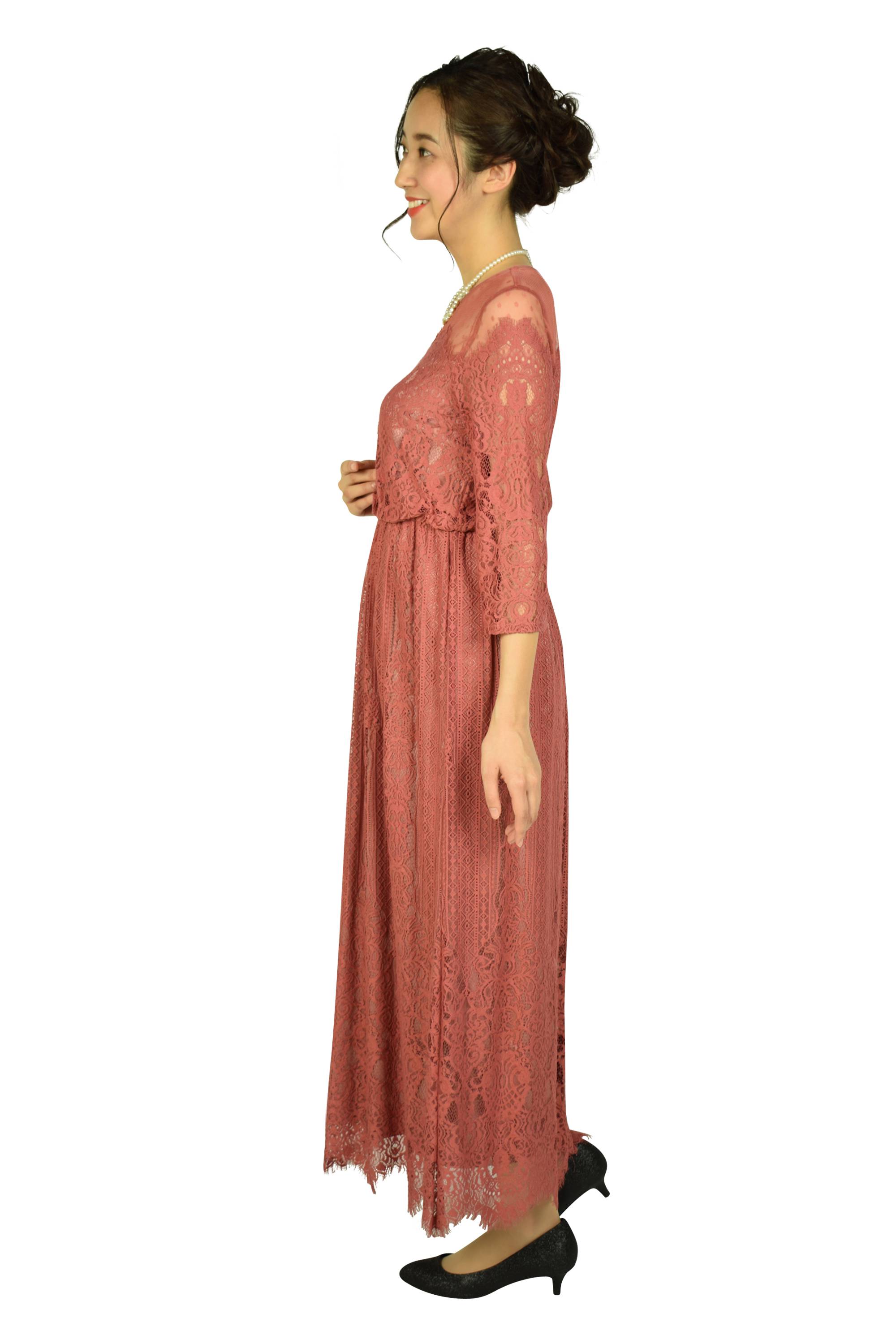 総レースドットダスティピーチドレス