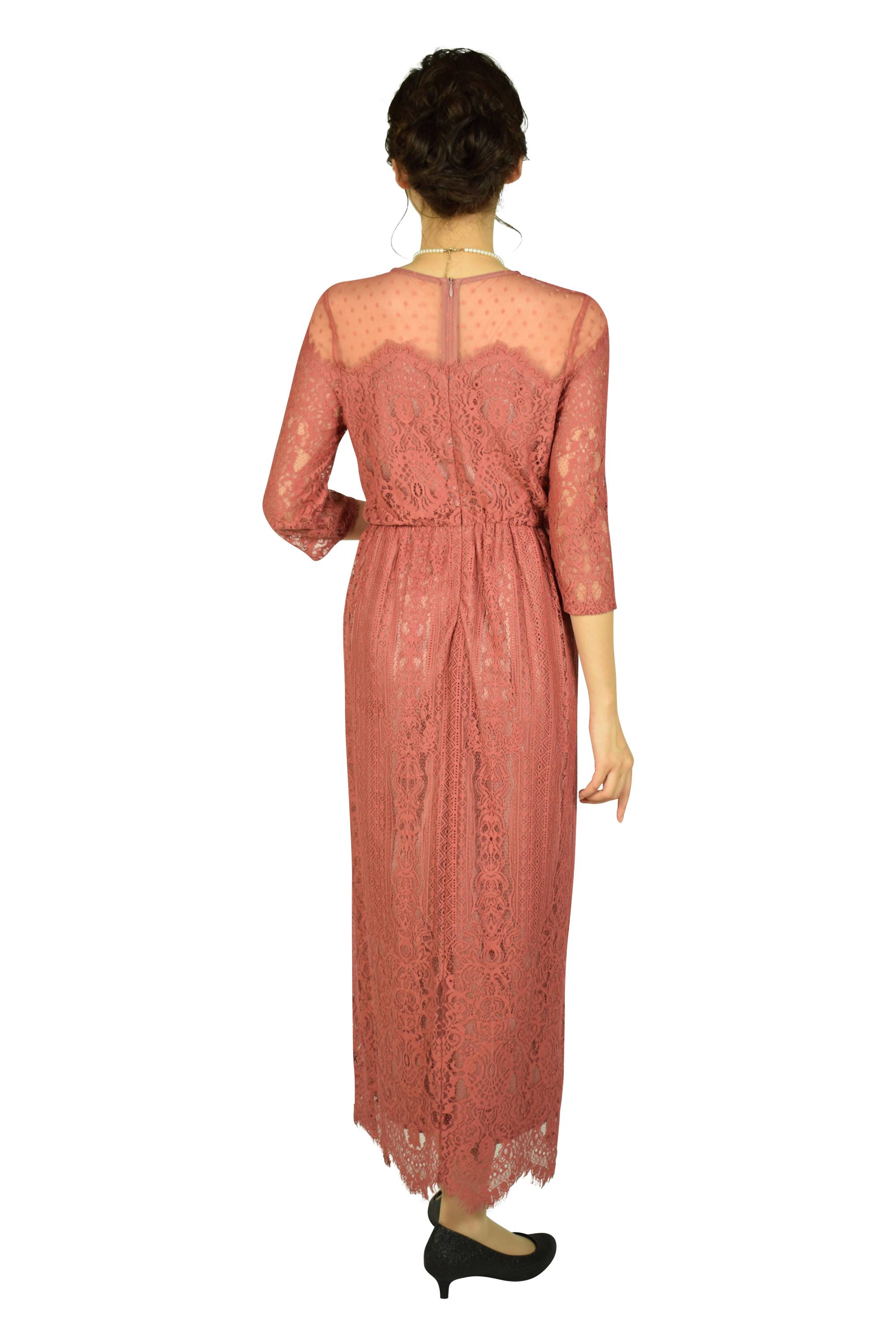 総レースドットダスティピーチドレス