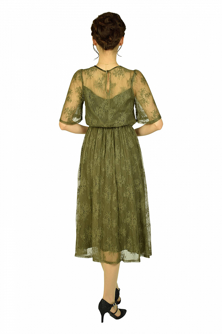 エレガントレースミディ丈オリーブドレス