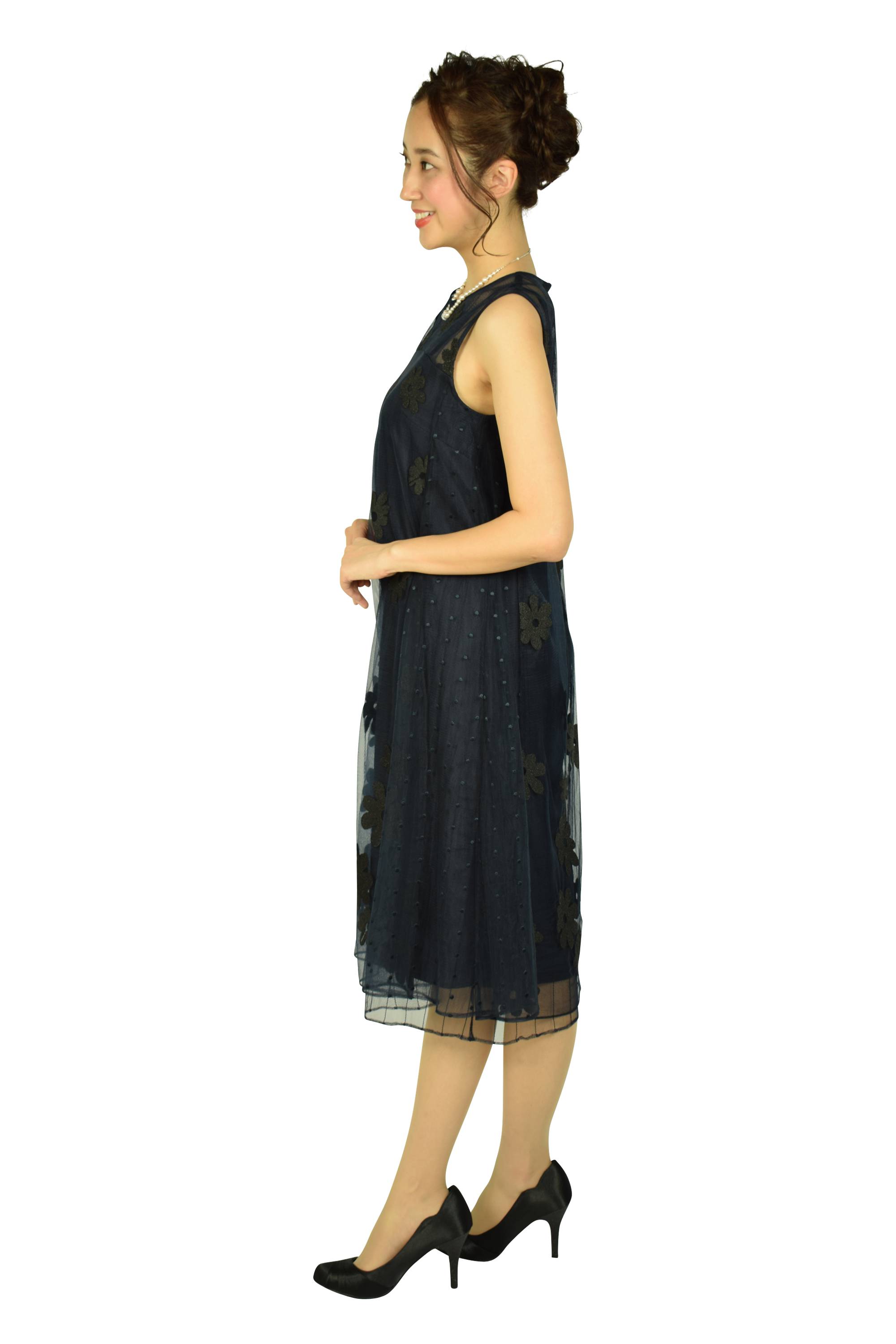 フラワー刺繍チュールネイビードレス