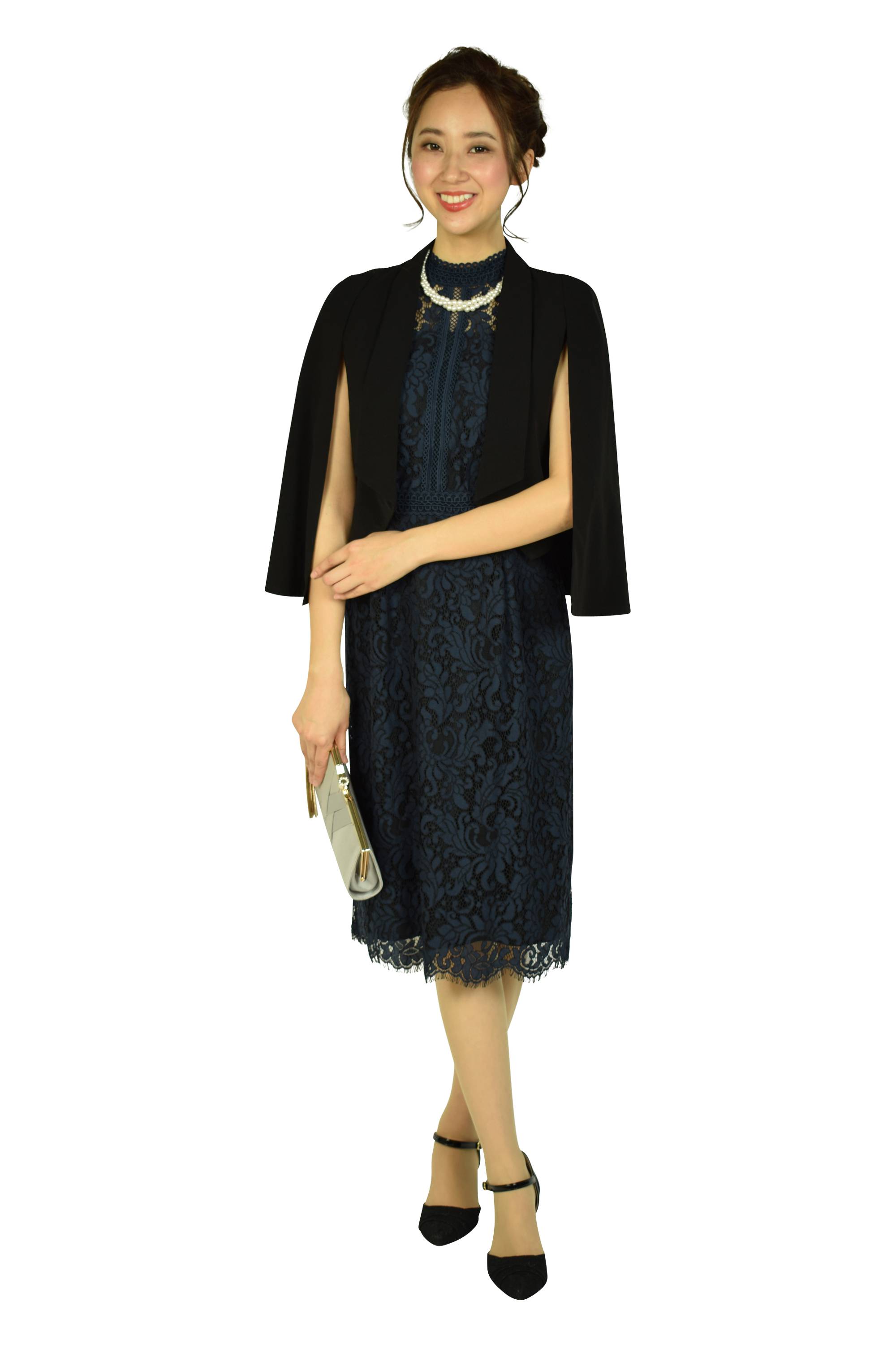 襟付きケープ袖ブラックジャケット