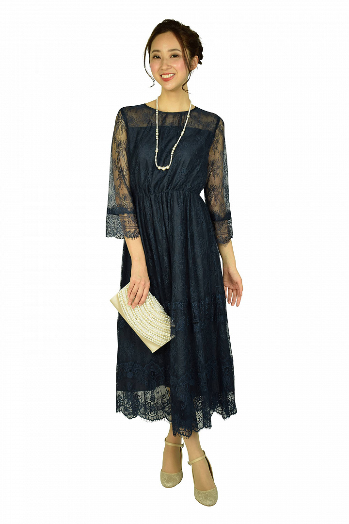 総レース袖付きネイビードレス