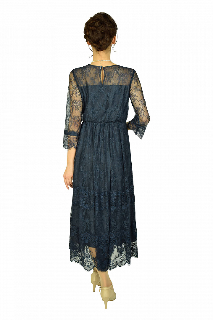 総レース袖付きネイビードレス