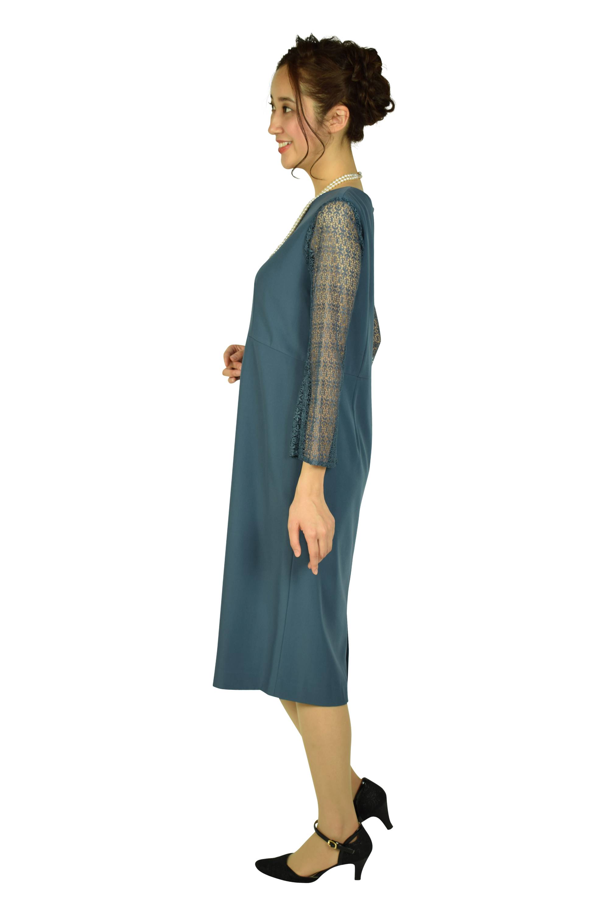 袖レースアッシュブルードレス