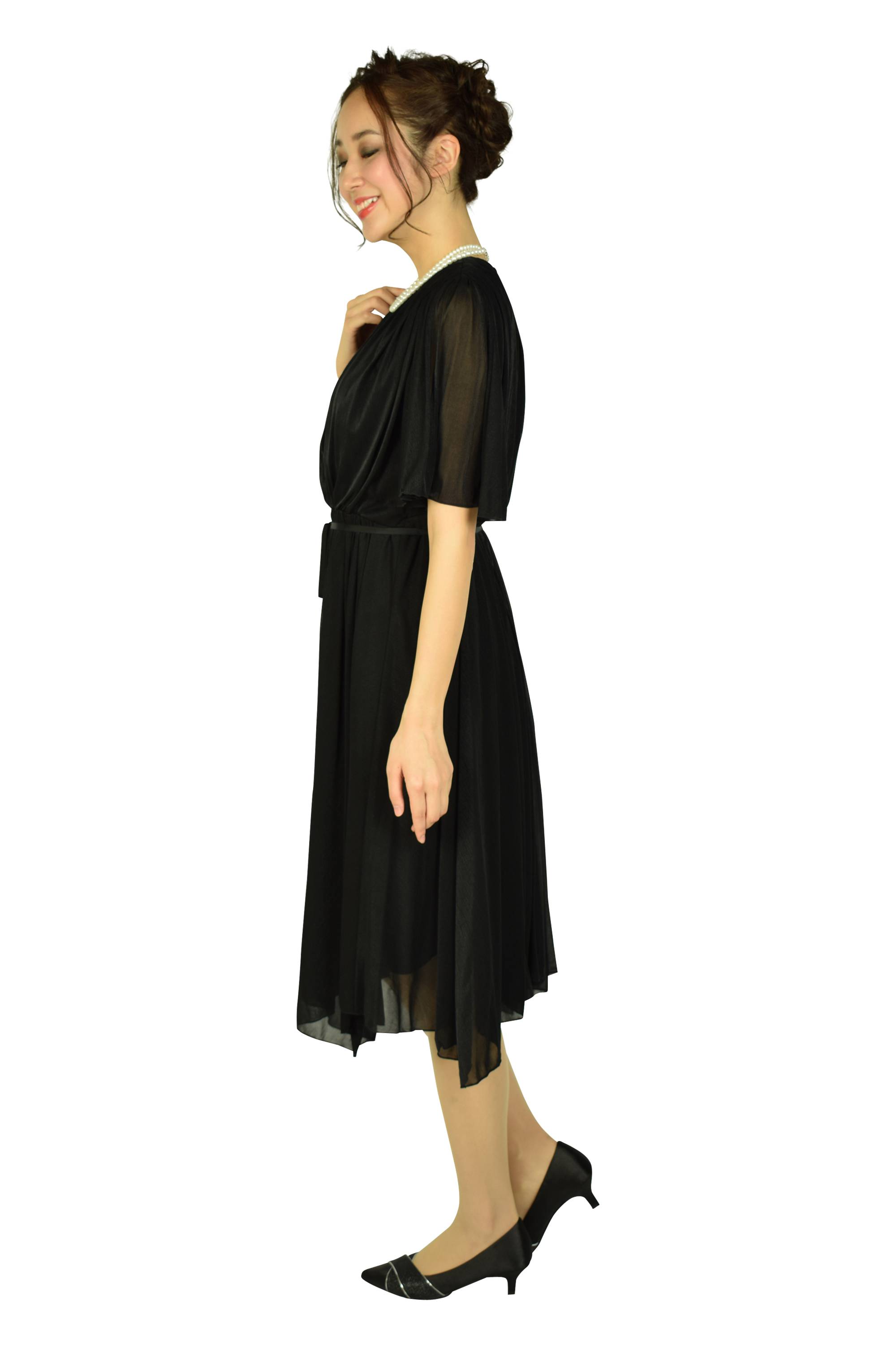 イレギュラーヘムシャイニーブラックドレス