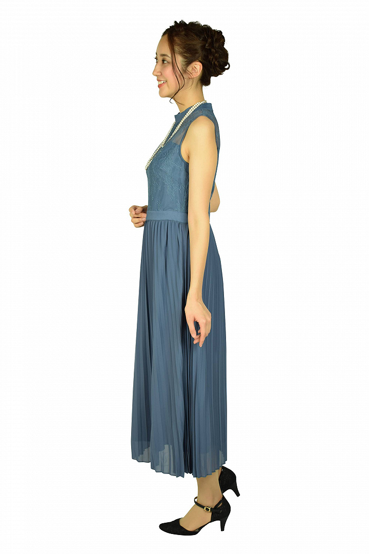 フラワーレースプリーツブルードレス